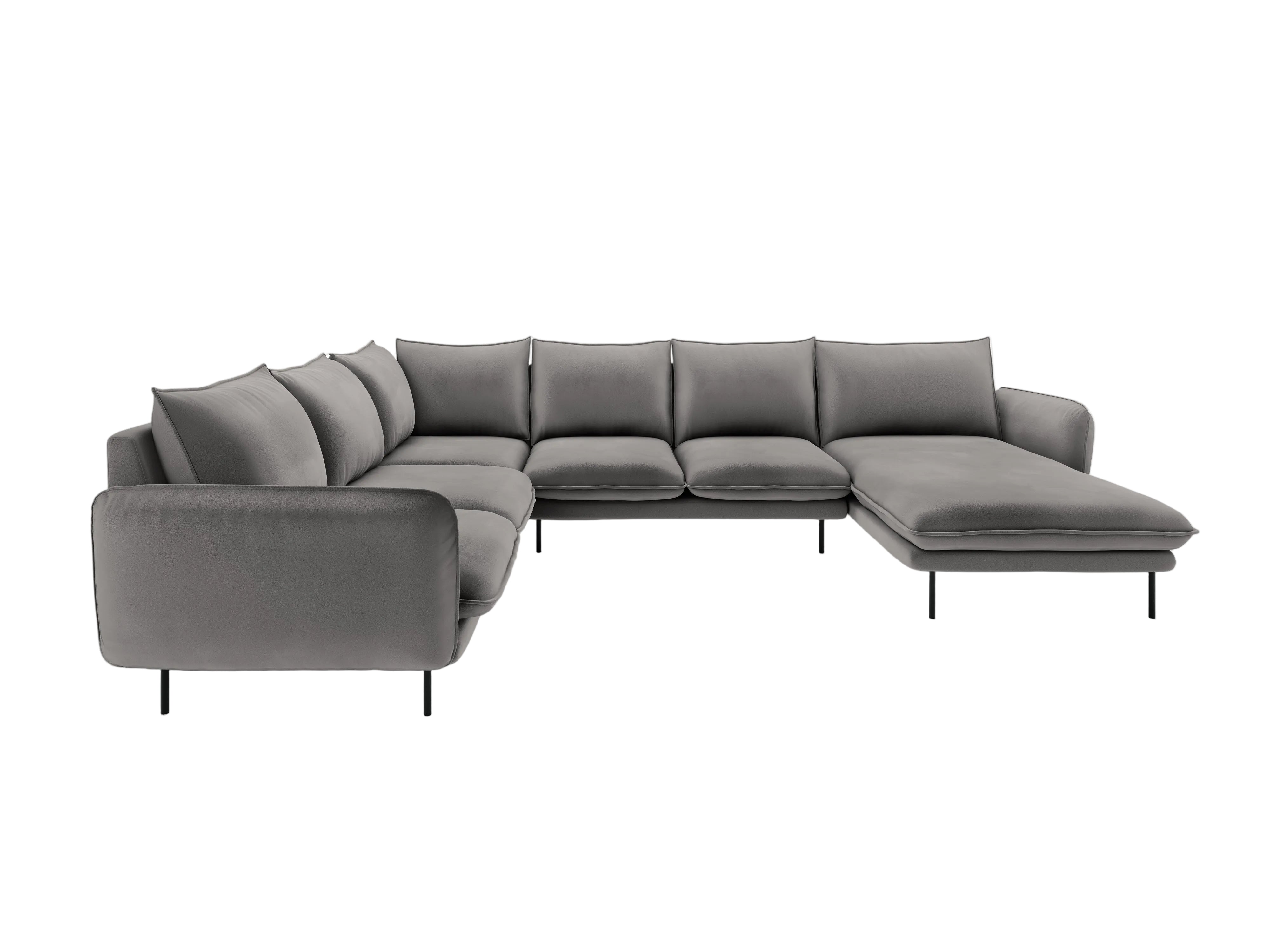 Left-facing velvet panoramic corner sofa for 7 people VIENNA in light gray with a black base