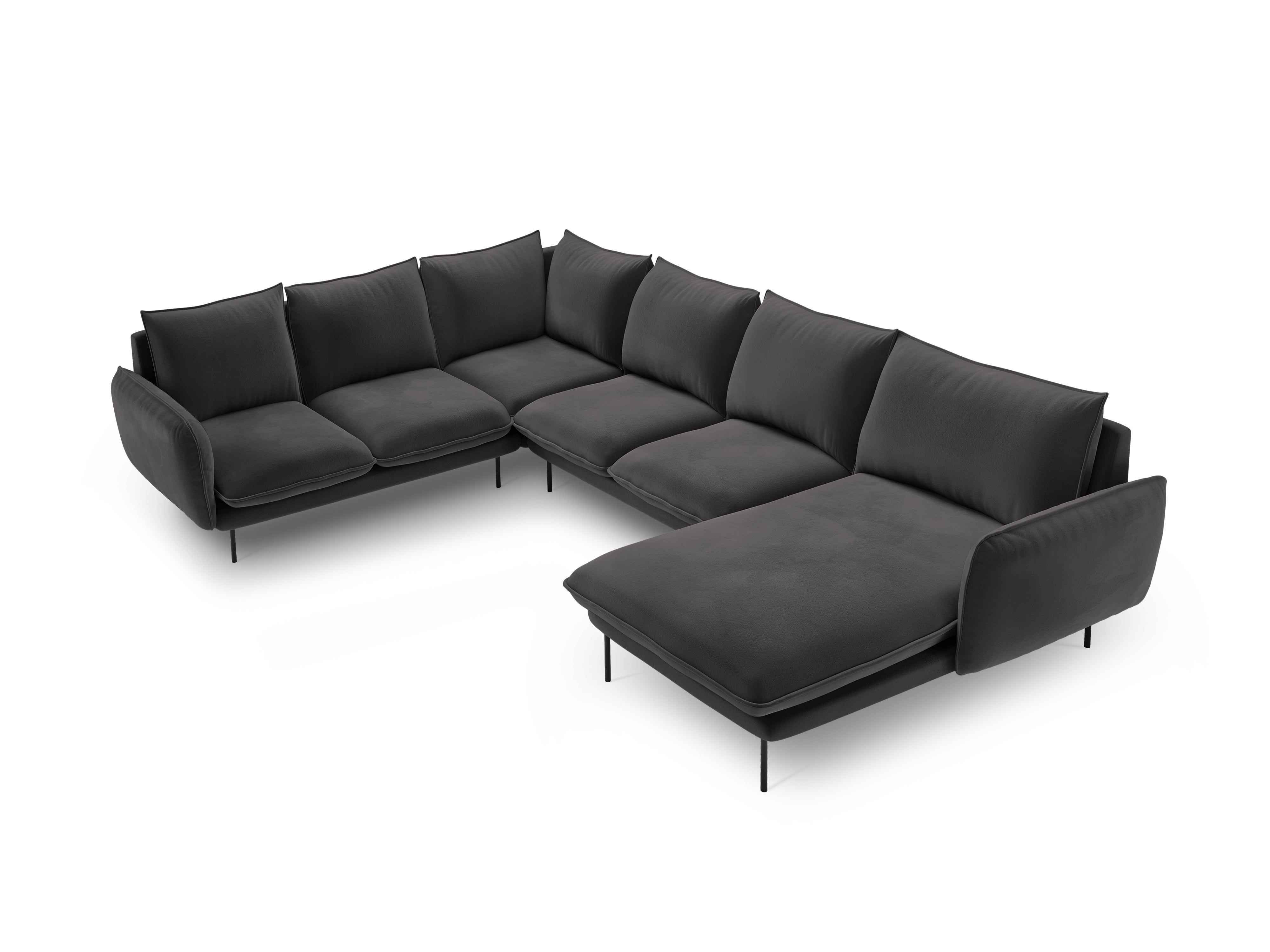 Panoramischer Samt-Ecksofa linksseitig für 7 Personen VIENNA dunkelgrau mit schwarzem Fuß