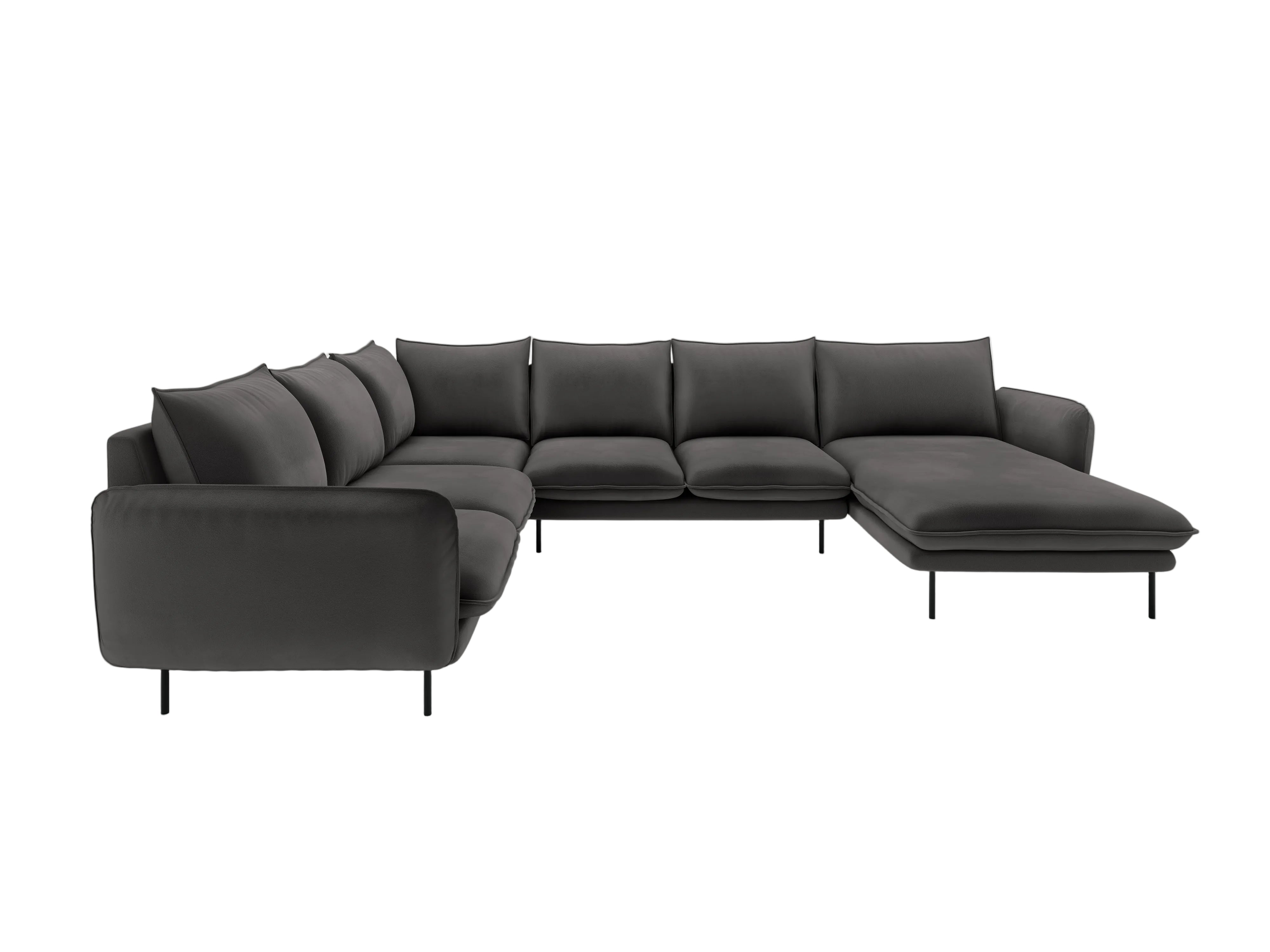 Panoramischer Samt-Ecksofa linksseitig für 7 Personen VIENNA dunkelgrau mit schwarzem Fuß