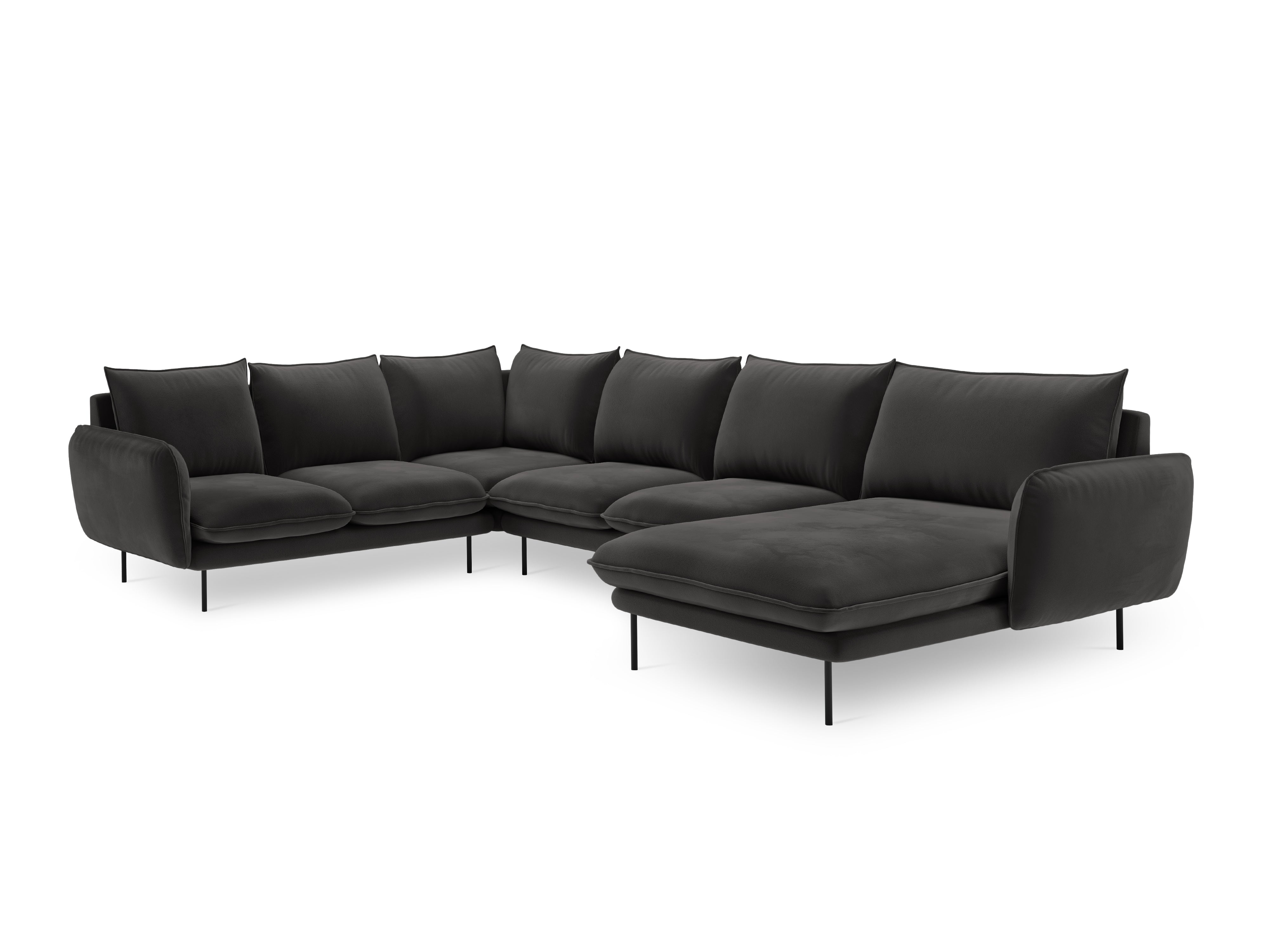 Panoramischer Samt-Ecksofa linksseitig für 7 Personen VIENNA dunkelgrau mit schwarzem Fuß