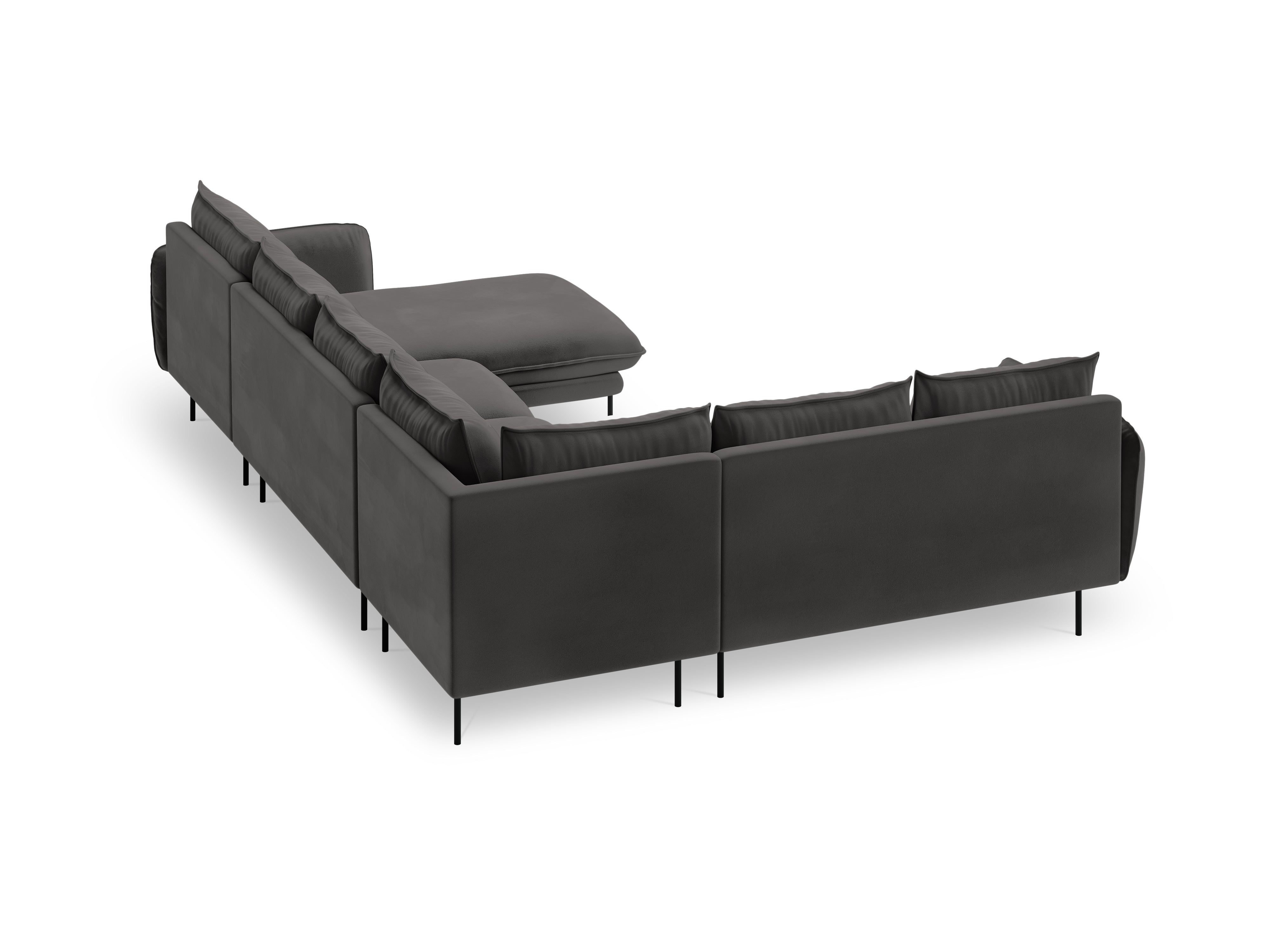 Panoramischer Samt-Ecksofa linksseitig für 7 Personen VIENNA dunkelgrau mit schwarzem Fuß
