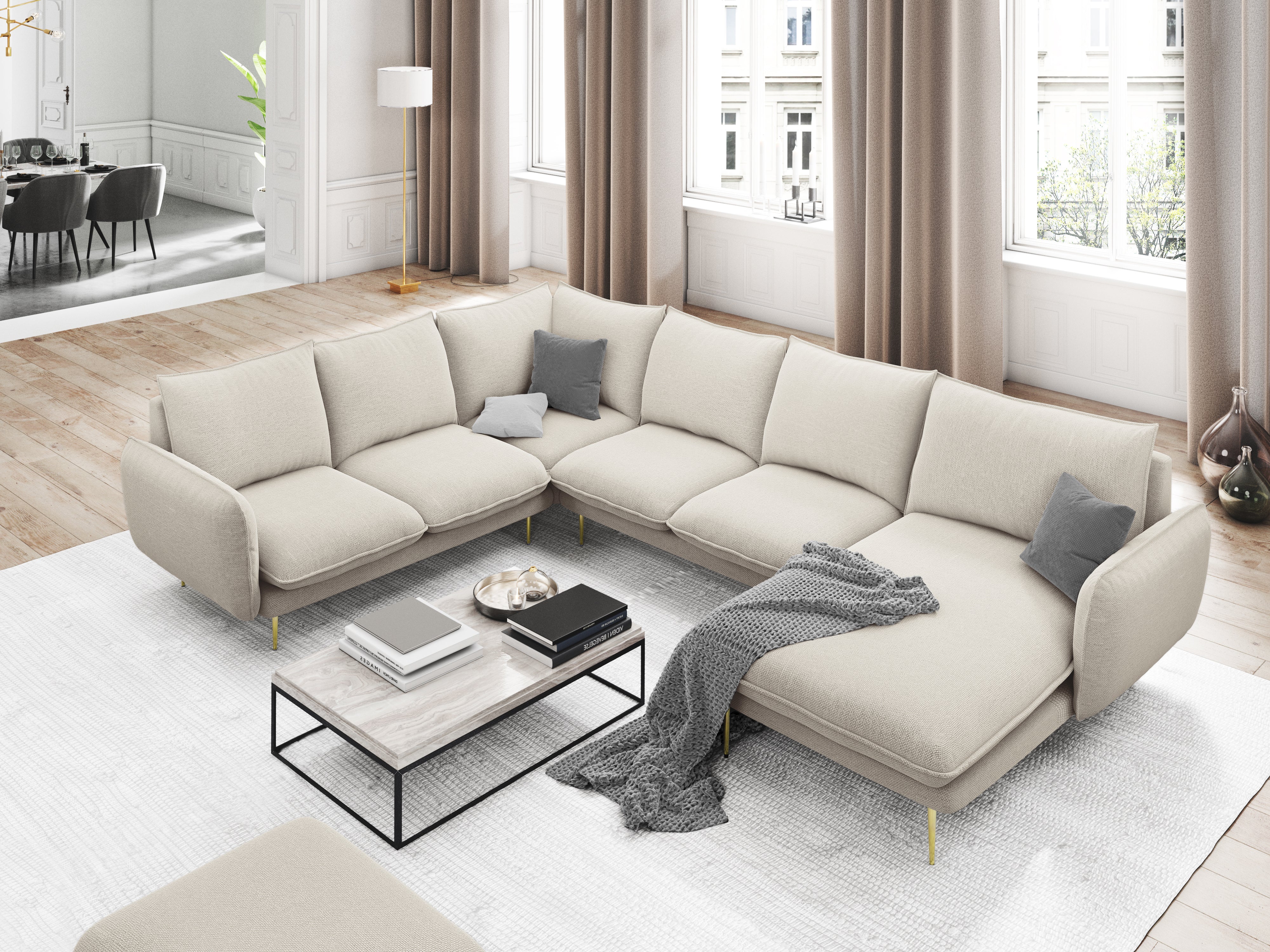 Panoramischer Samt-Ecksofa rechtsseitig für 7 Personen VIENNA hellblau mit goldenem Fuß