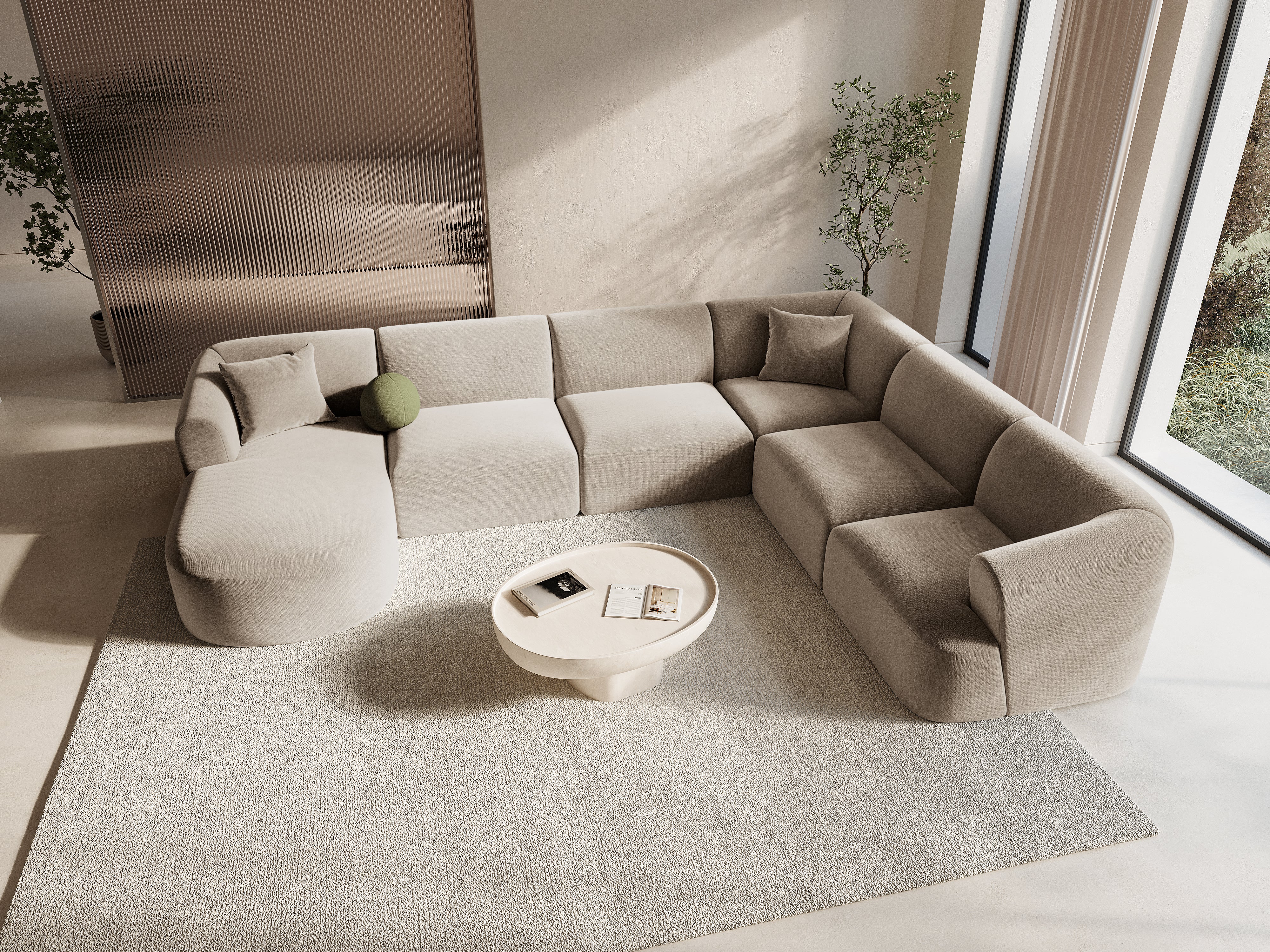 Right-facing velvet panoramic corner sofa for 7 people CAMPI dark beige