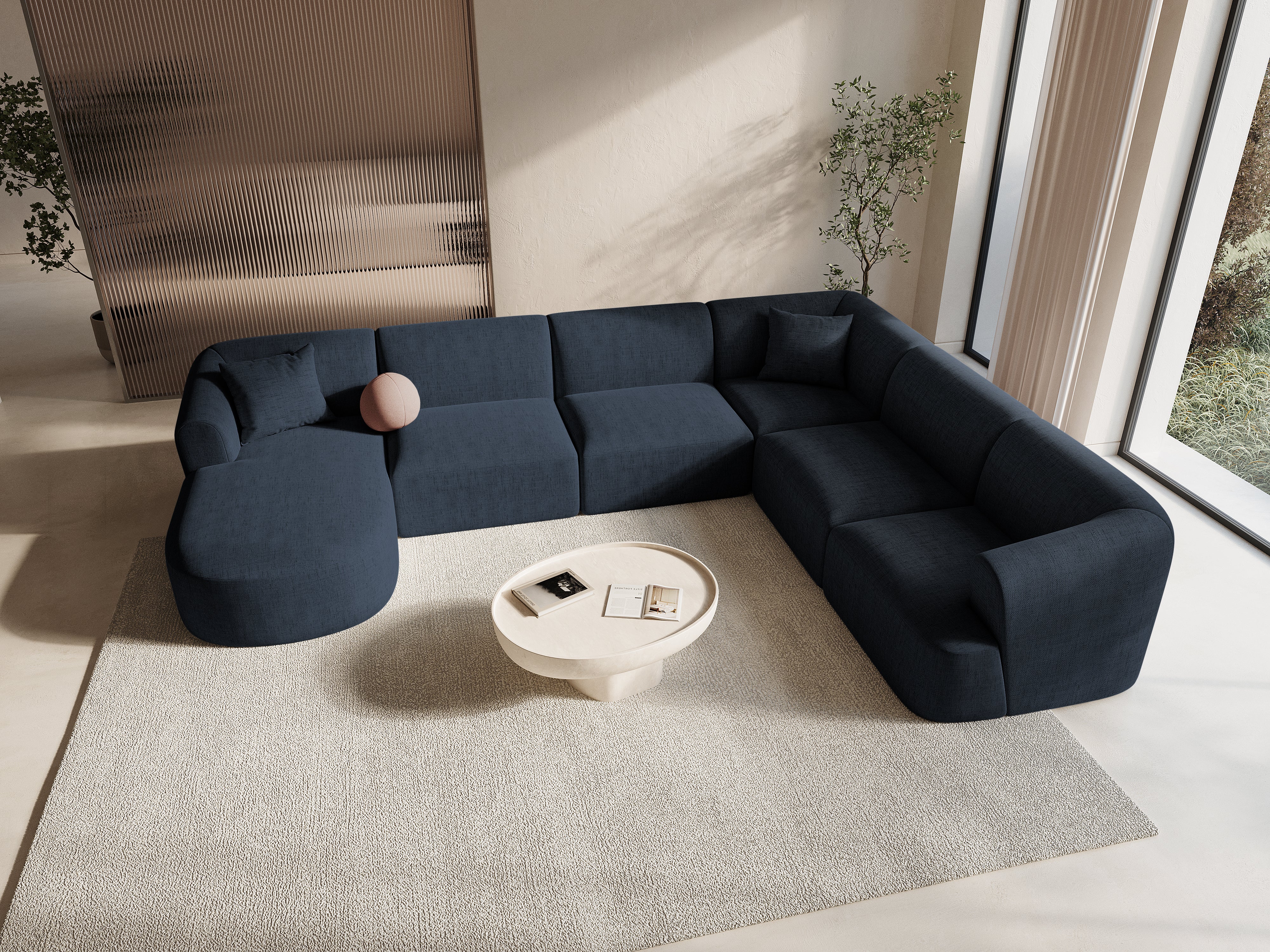 Right-facing panoramic corner sofa for 7 people CAMPI blue chenille