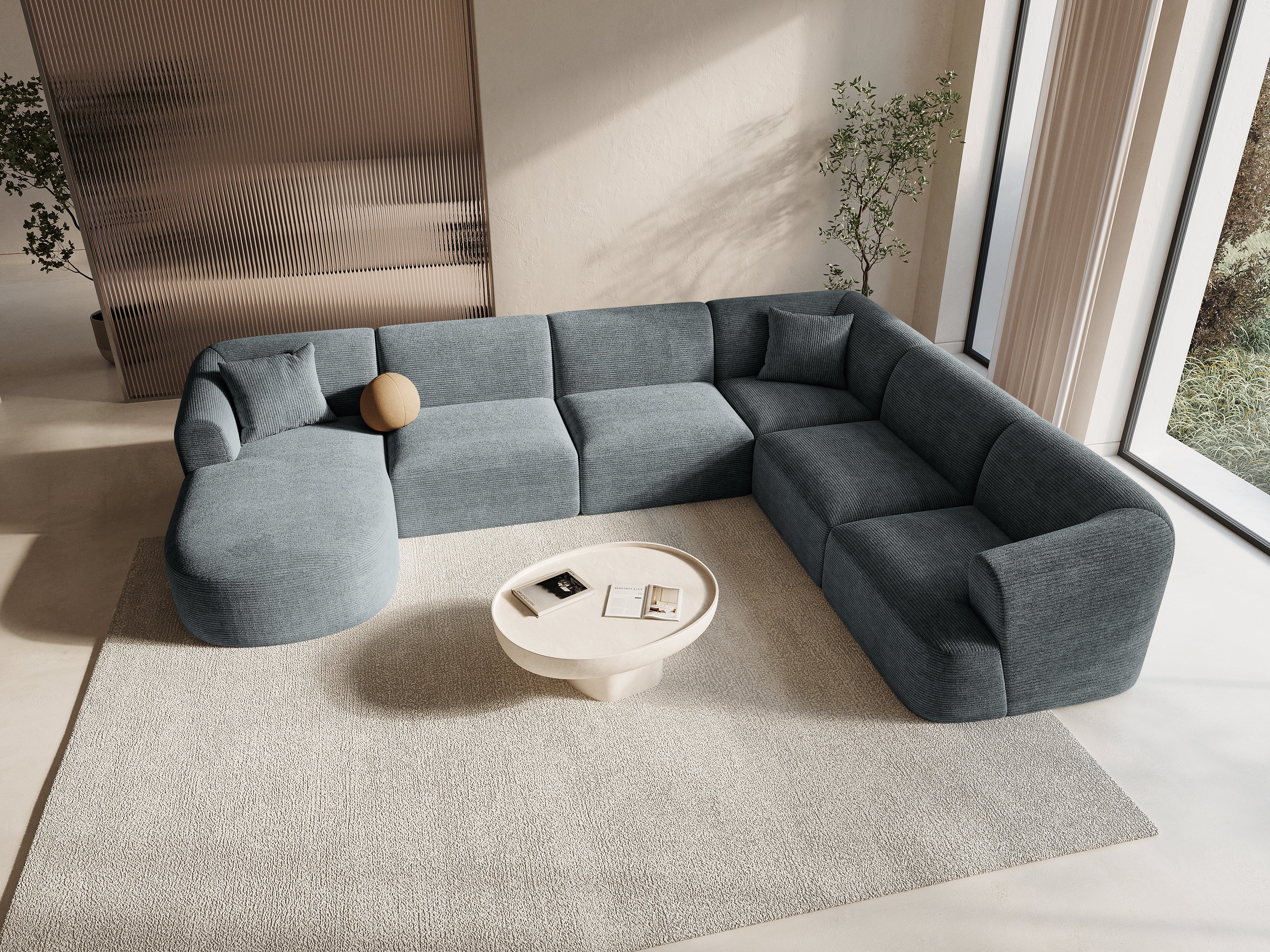 Right-facing panoramic corner sofa for 7 people CAMPI gray corduroy