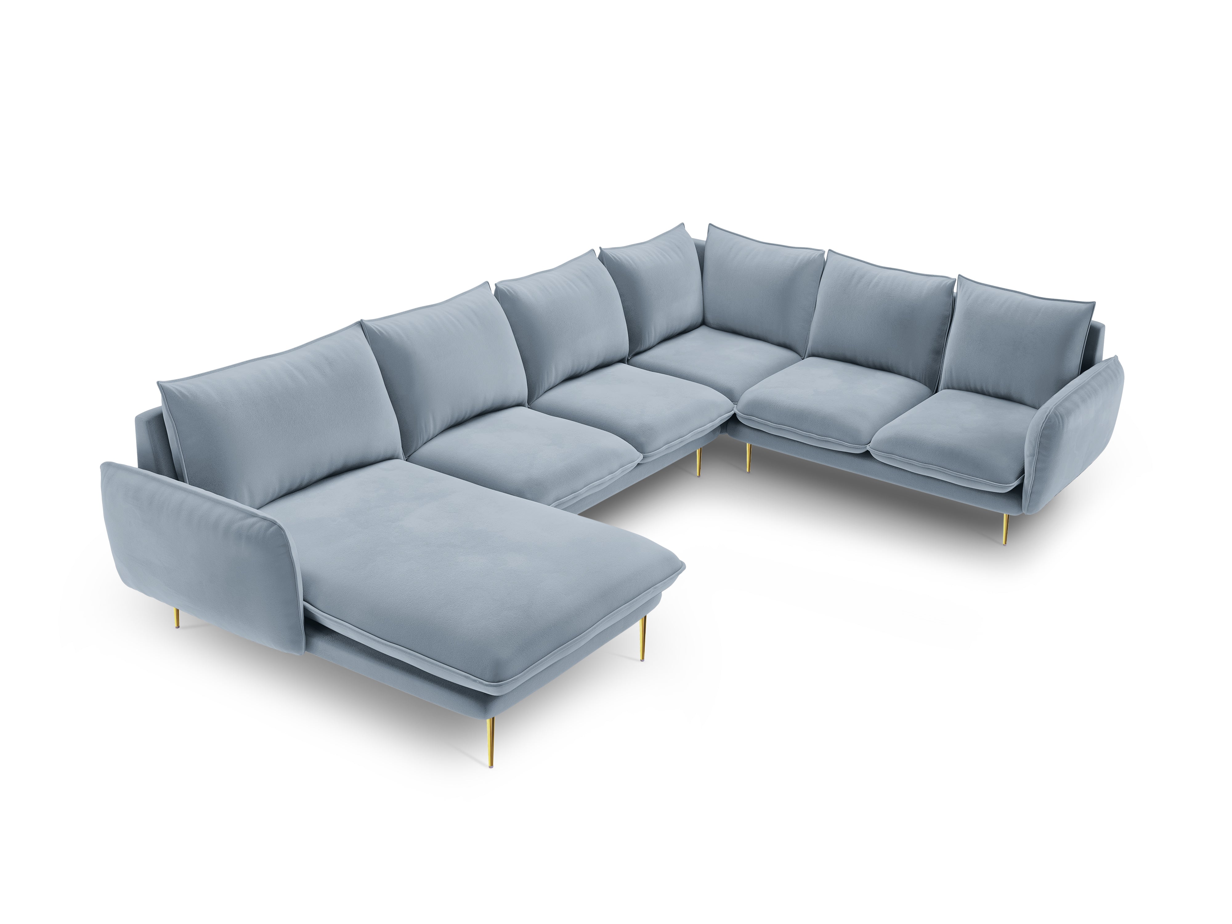 Panoramischer Samt-Ecksofa rechtsseitig für 7 Personen VIENNA hellblau mit goldenem Fuß
