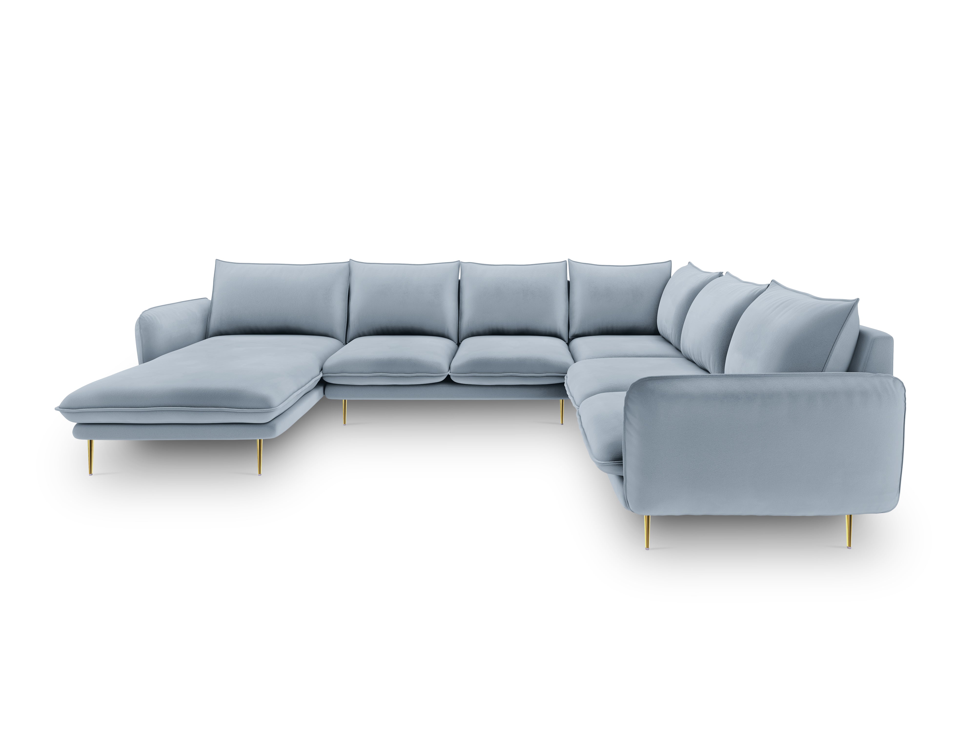 Panoramischer Samt-Ecksofa rechtsseitig für 7 Personen VIENNA hellblau mit goldenem Fuß