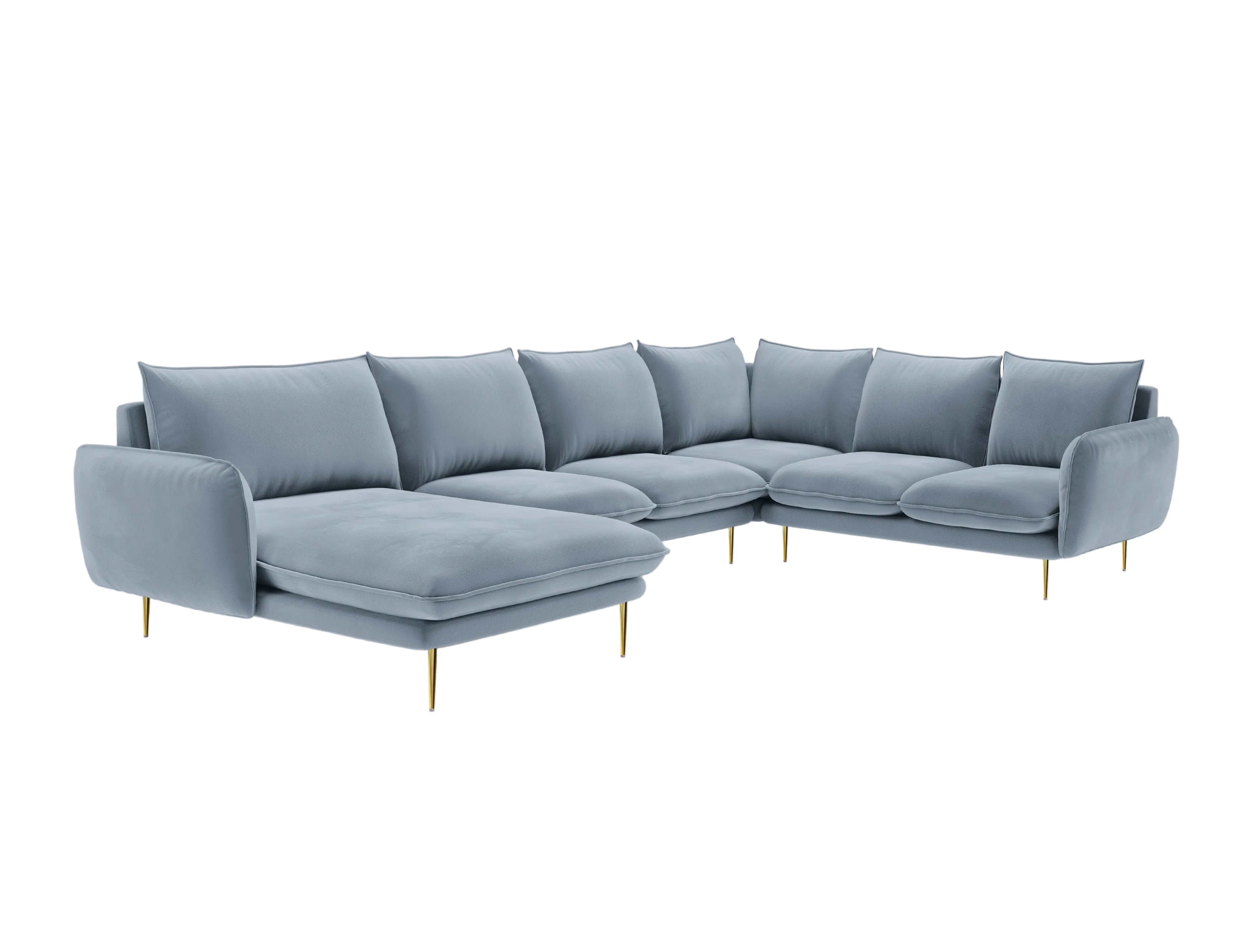Panoramischer Samt-Ecksofa rechtsseitig für 7 Personen VIENNA hellblau mit goldenem Fuß