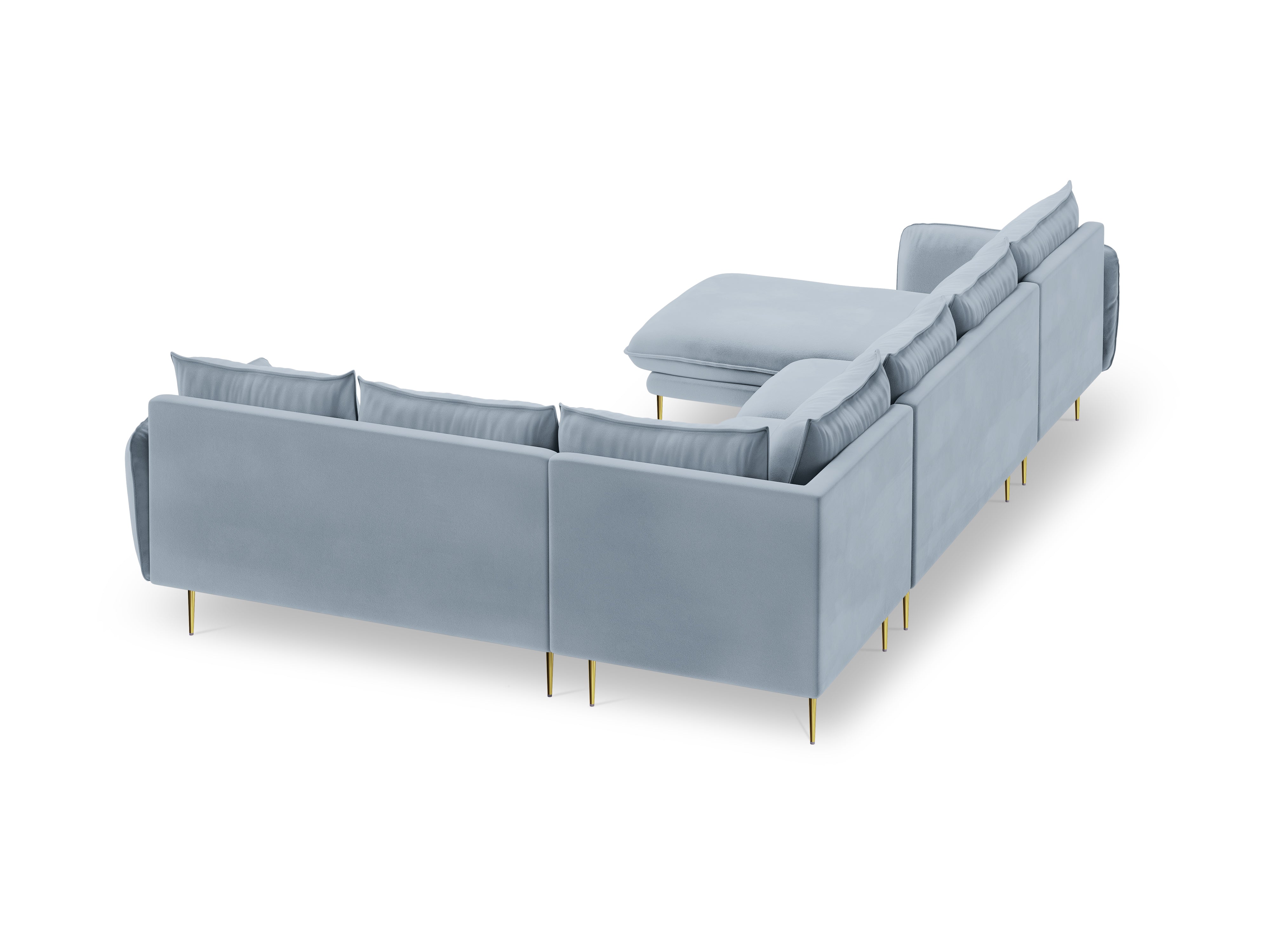 Panoramischer Samt-Ecksofa rechtsseitig für 7 Personen VIENNA hellblau mit goldenem Fuß