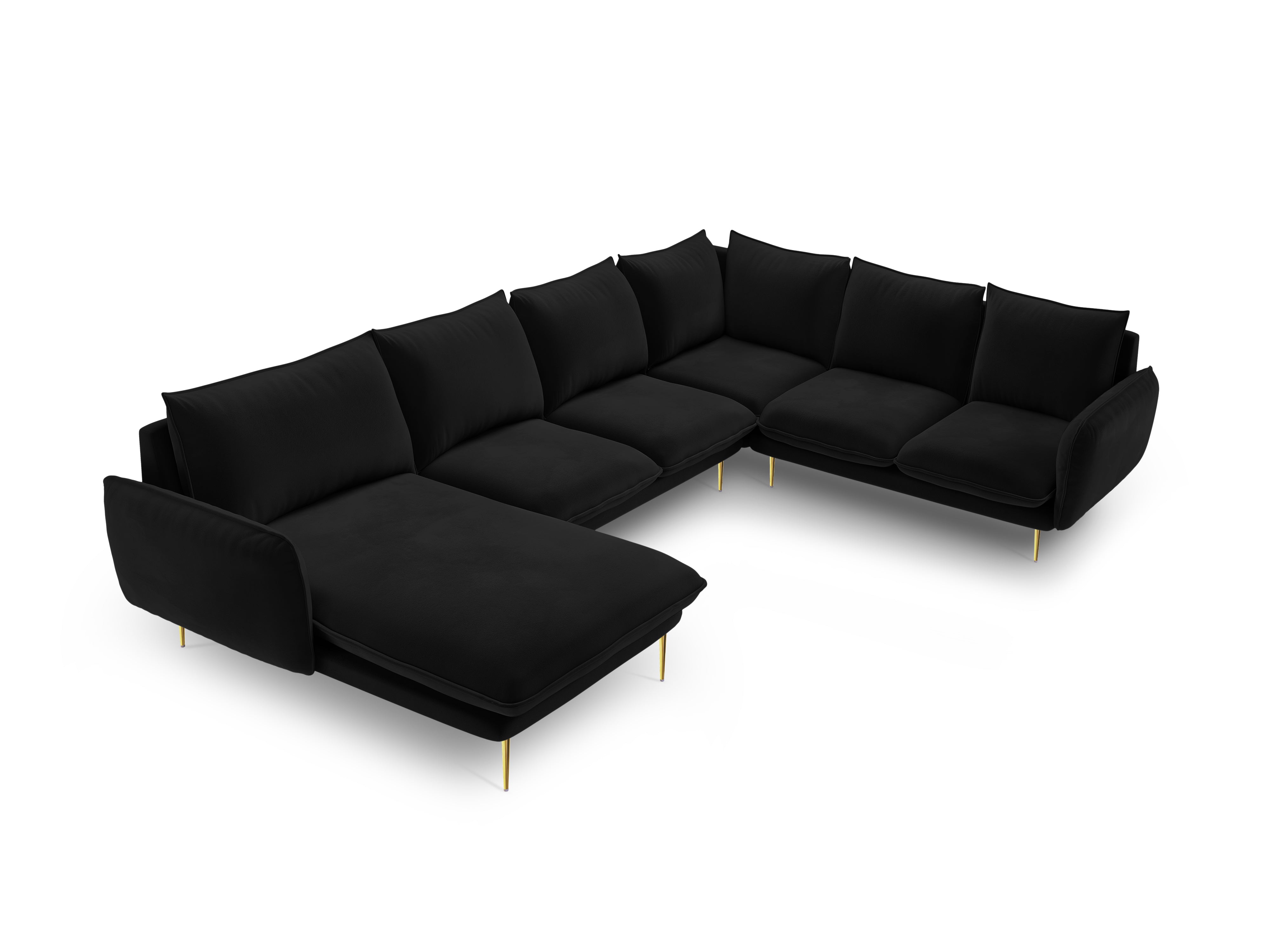 Panoramic Velvet Corner Sofa Right-Handed 7-Seater VIENNA Black with Gold Base