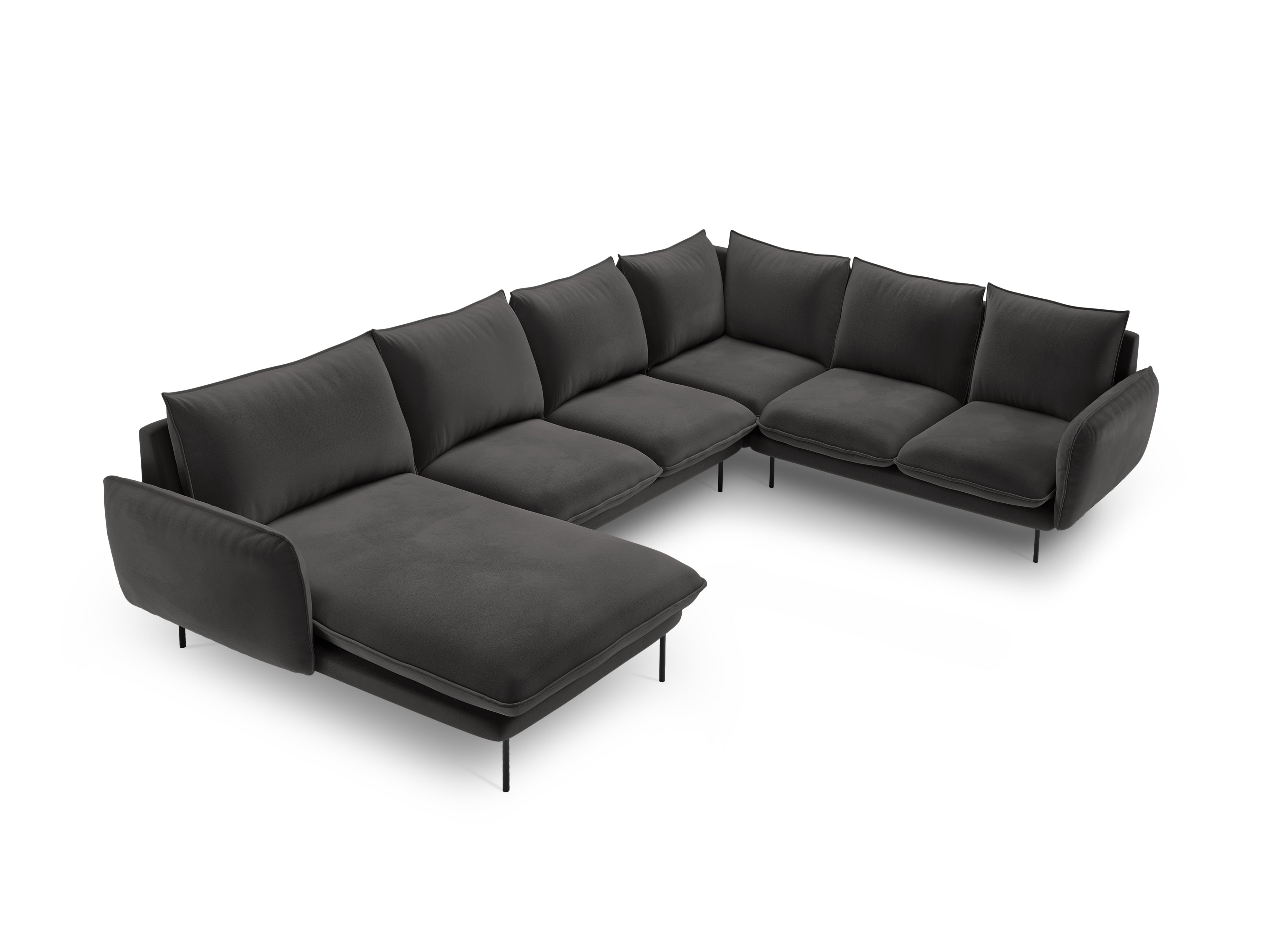 Panoramischer Samt-Ecksofa rechtsseitig für 7 Personen VIENNA dunkelgrau mit schwarzem Fuß