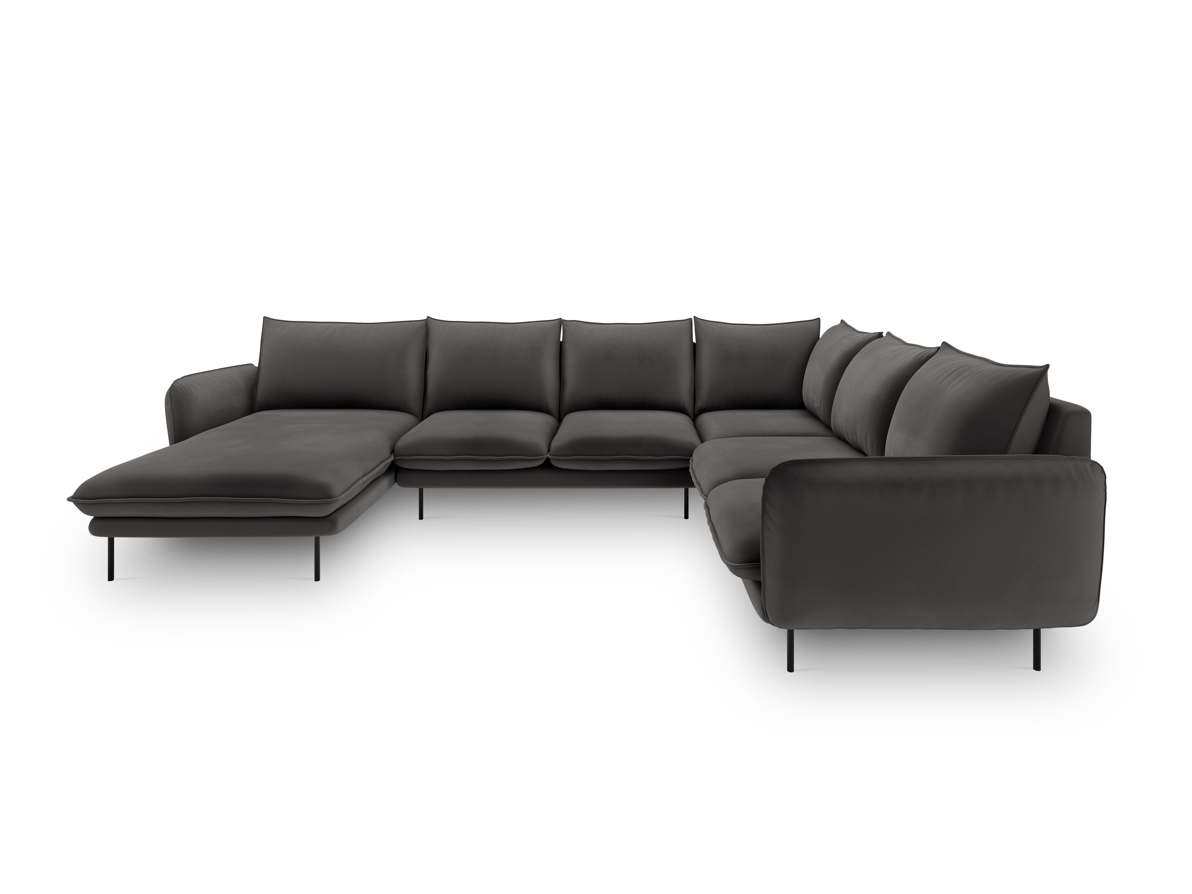 Panoramischer Samt-Ecksofa rechtsseitig für 7 Personen VIENNA dunkelgrau mit schwarzem Fuß
