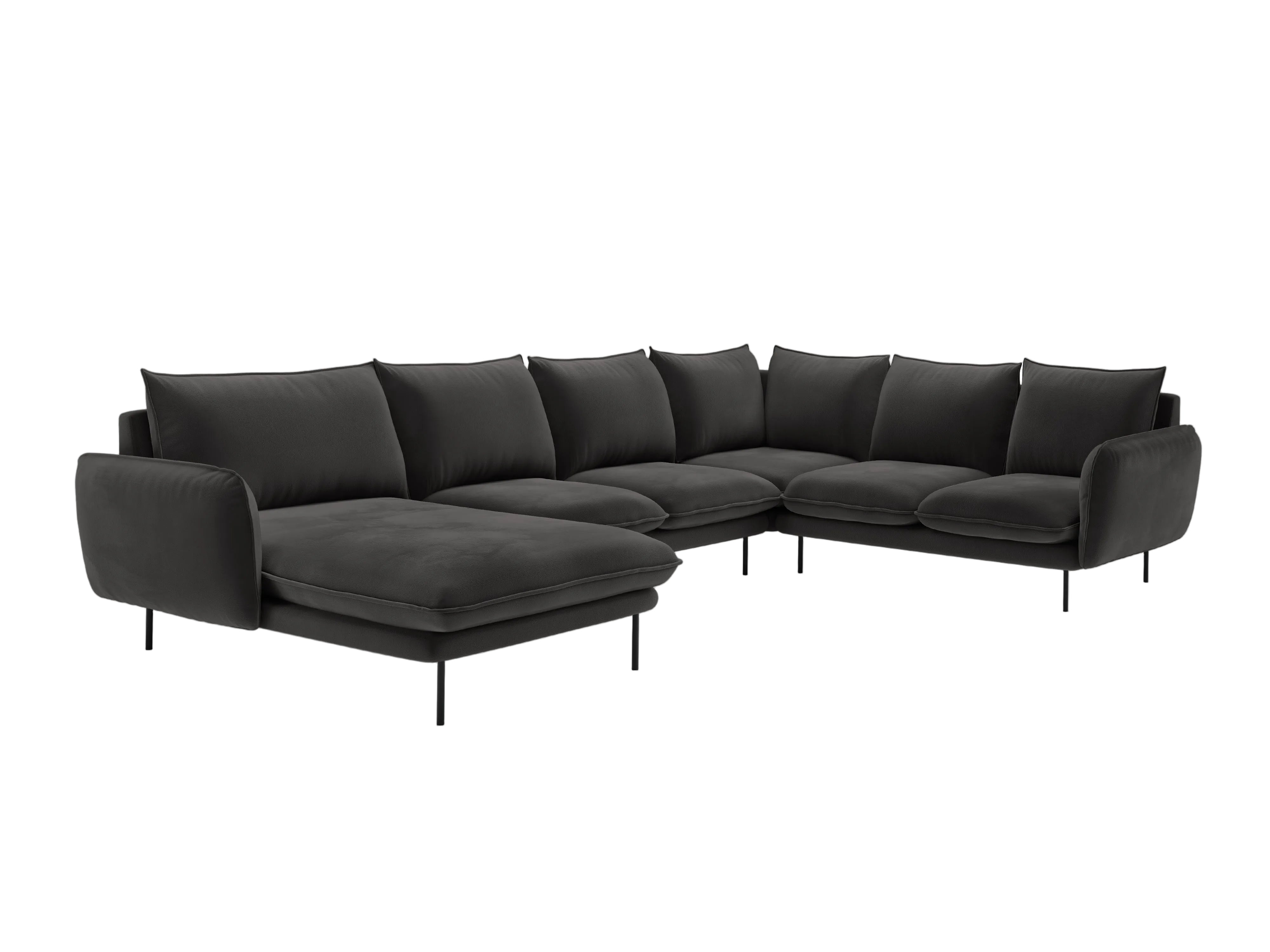 Panoramischer Samt-Ecksofa rechtsseitig für 7 Personen VIENNA dunkelgrau mit schwarzem Fuß
