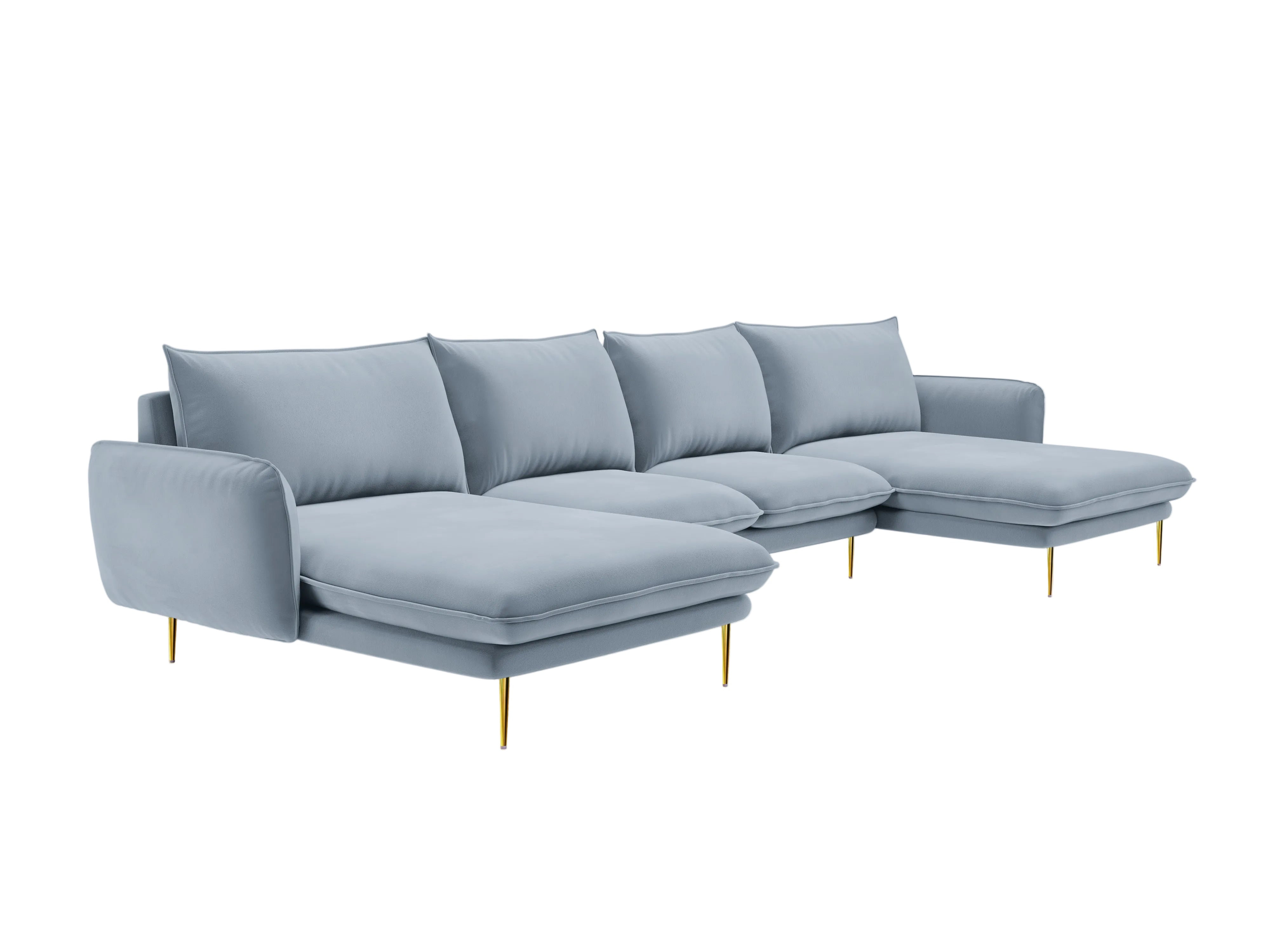 Sofa panoramisch samtig für 6 Personen VIENNA hellblau mit goldenem Fuß