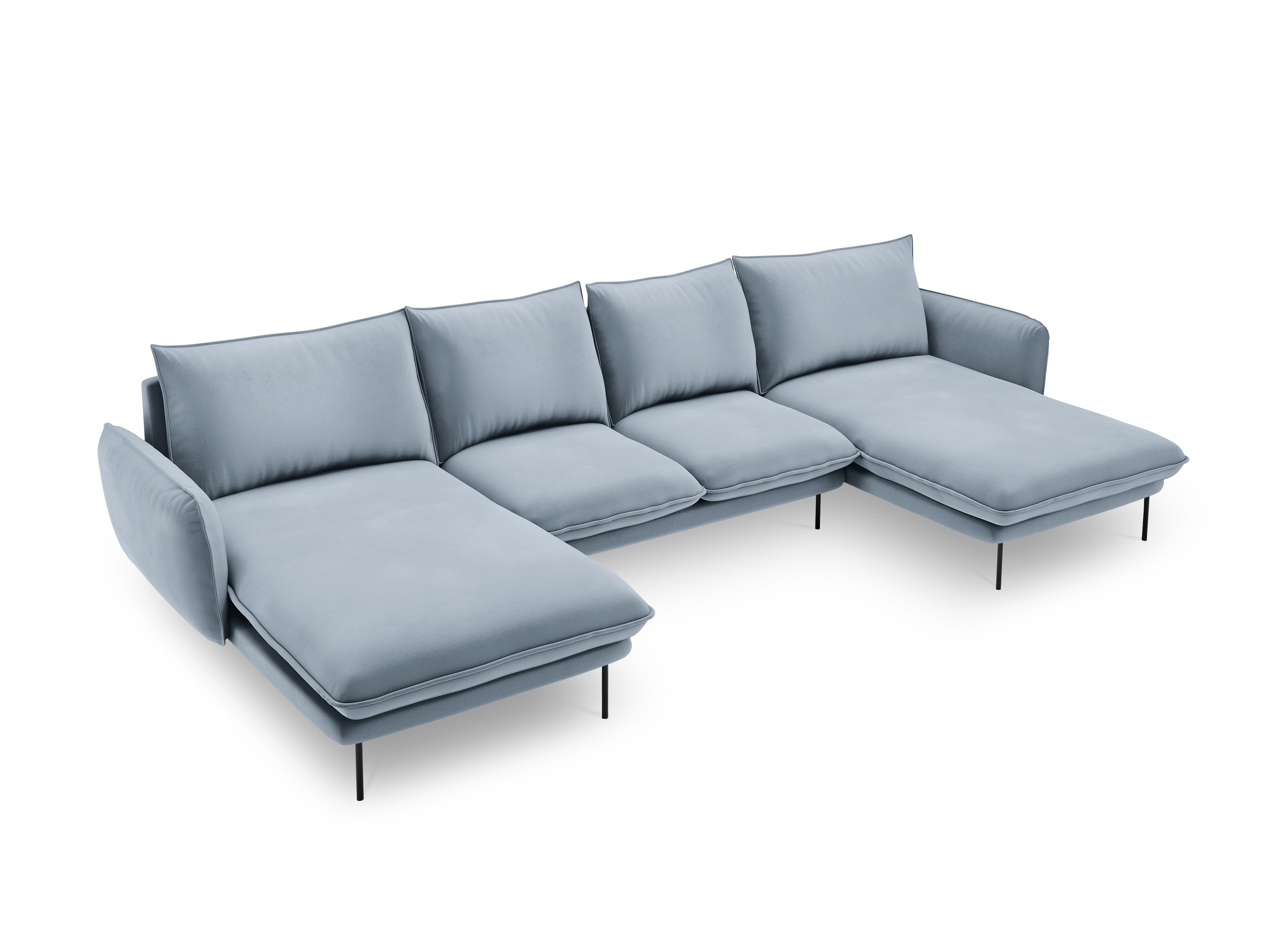 Sofa panoramisch samtig für 6 Personen VIENNA hellblau mit schwarzem Gestell