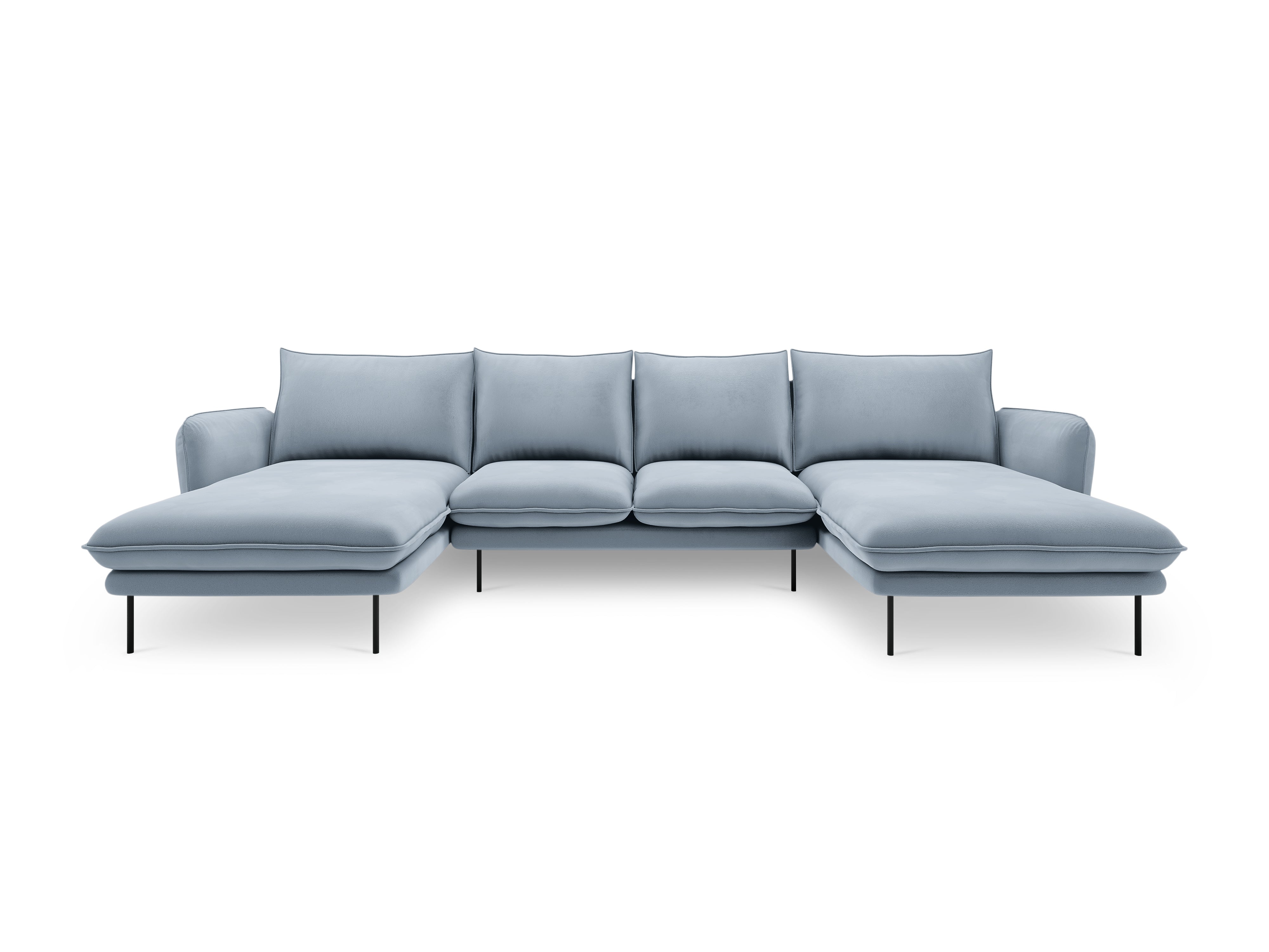 Sofa panoramisch samtig für 6 Personen VIENNA hellblau mit schwarzem Gestell