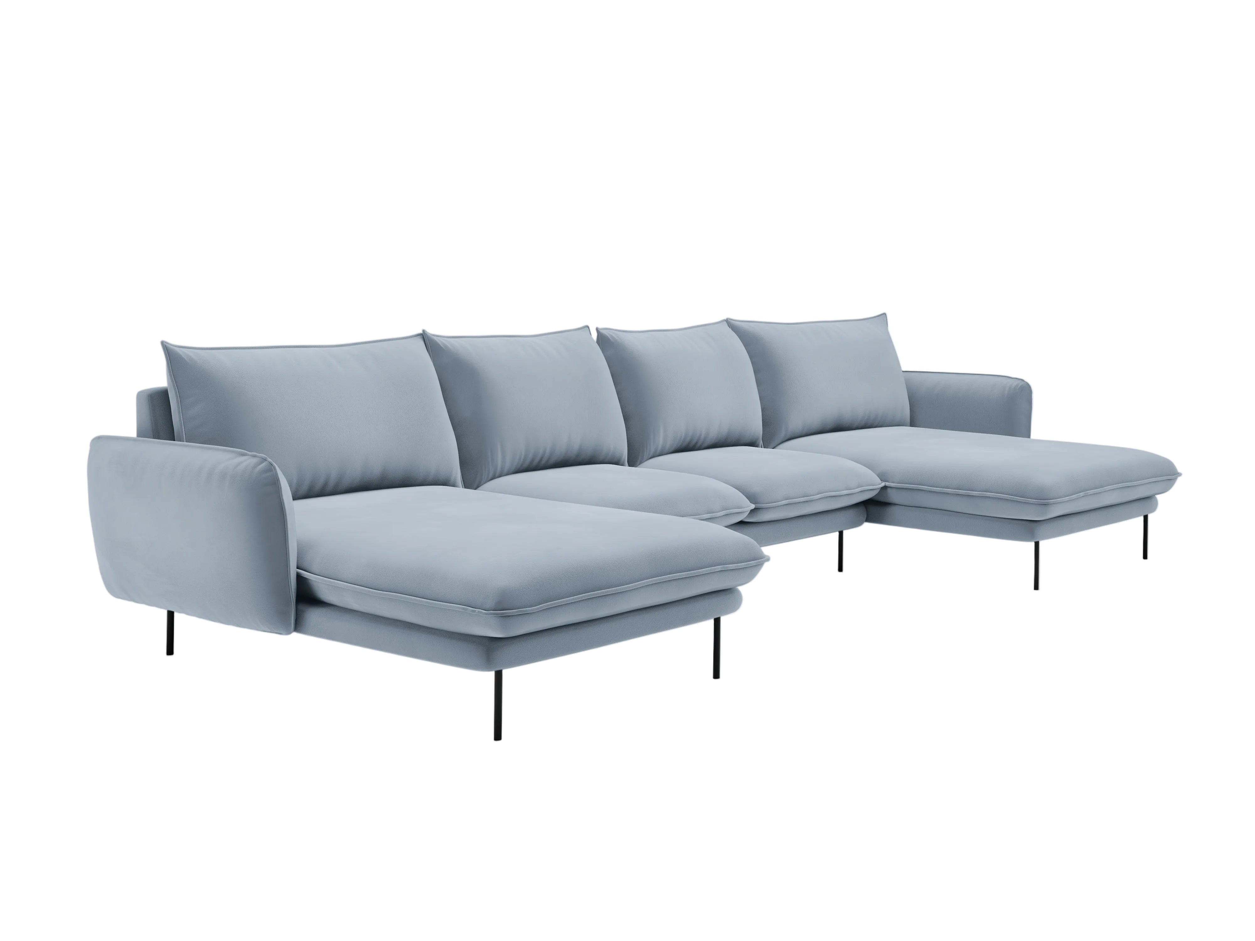Sofa panoramisch samtig für 6 Personen VIENNA hellblau mit schwarzem Gestell
