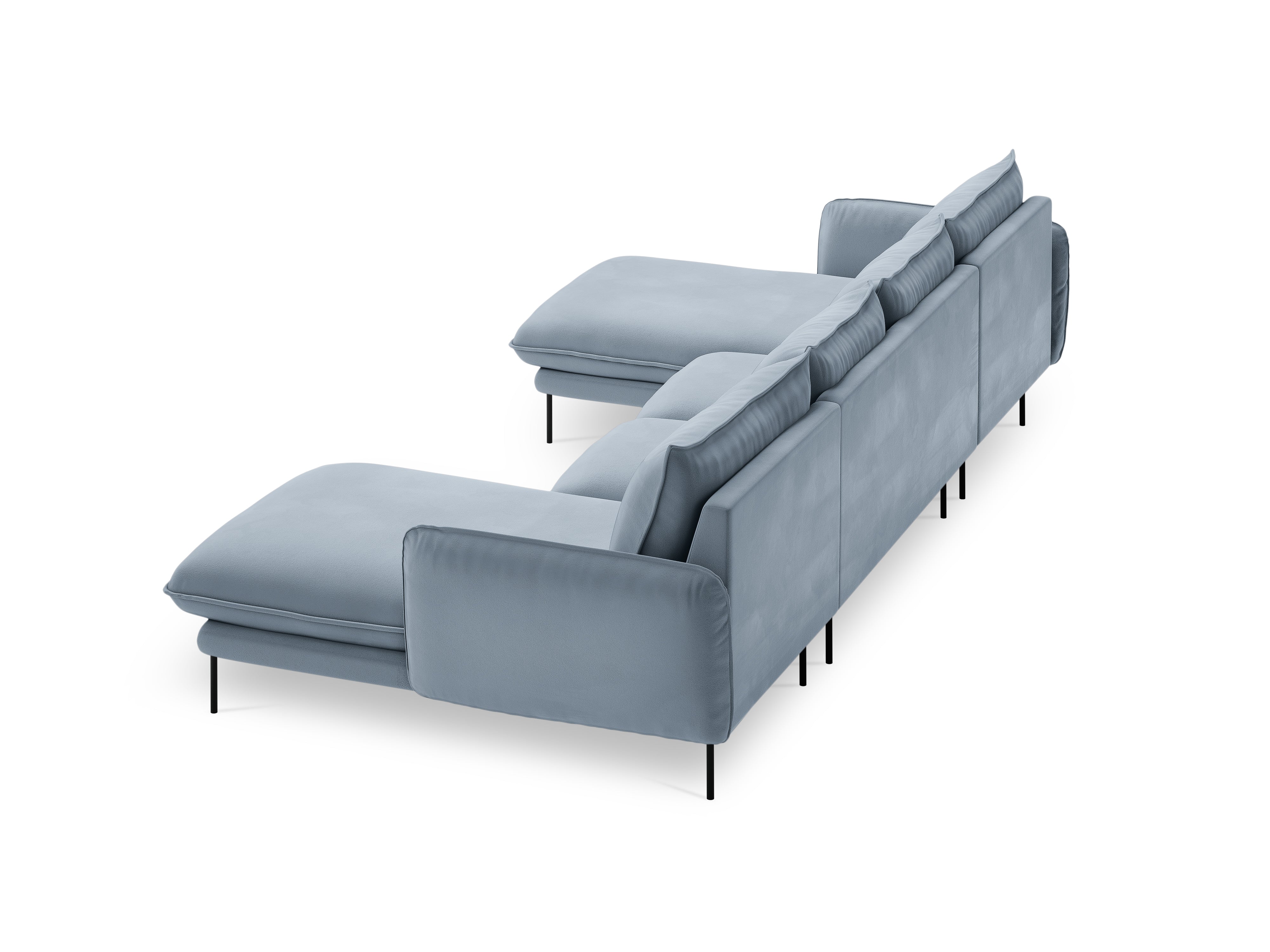Sofa panoramisch samtig für 6 Personen VIENNA hellblau mit schwarzem Gestell