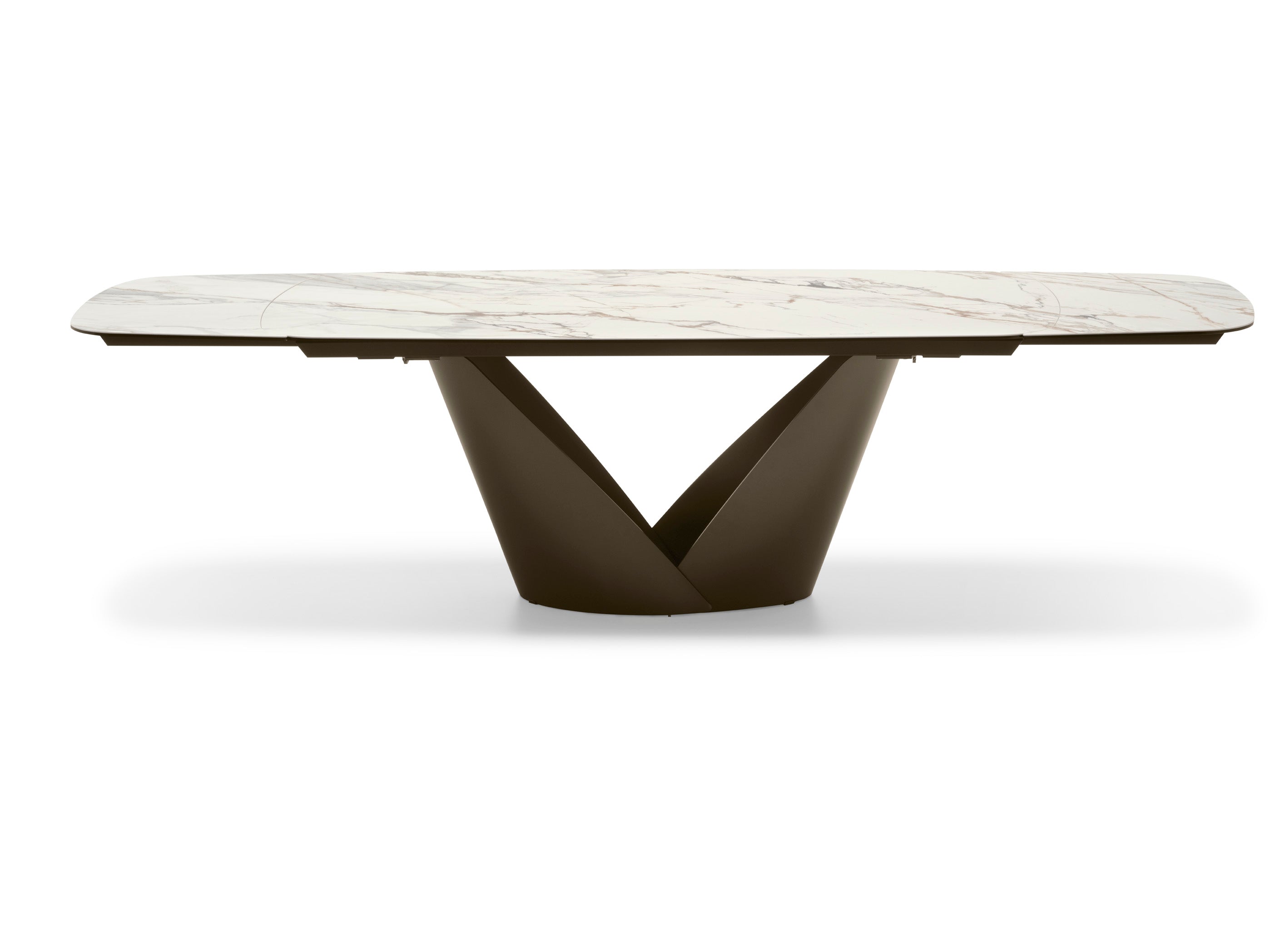 Ausziehbarer Tisch CALLA mit weißer Keramikplatte und braunem Gestell