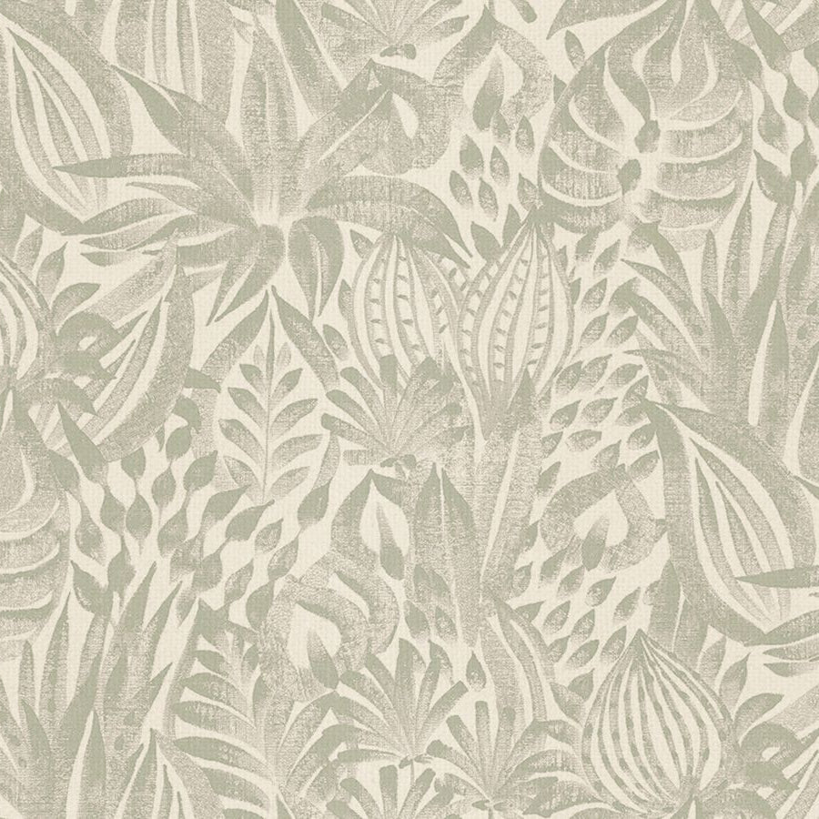 Textile wallpaper with a floral and leaf pattern FOLIAGE - CELADON greenish-blue