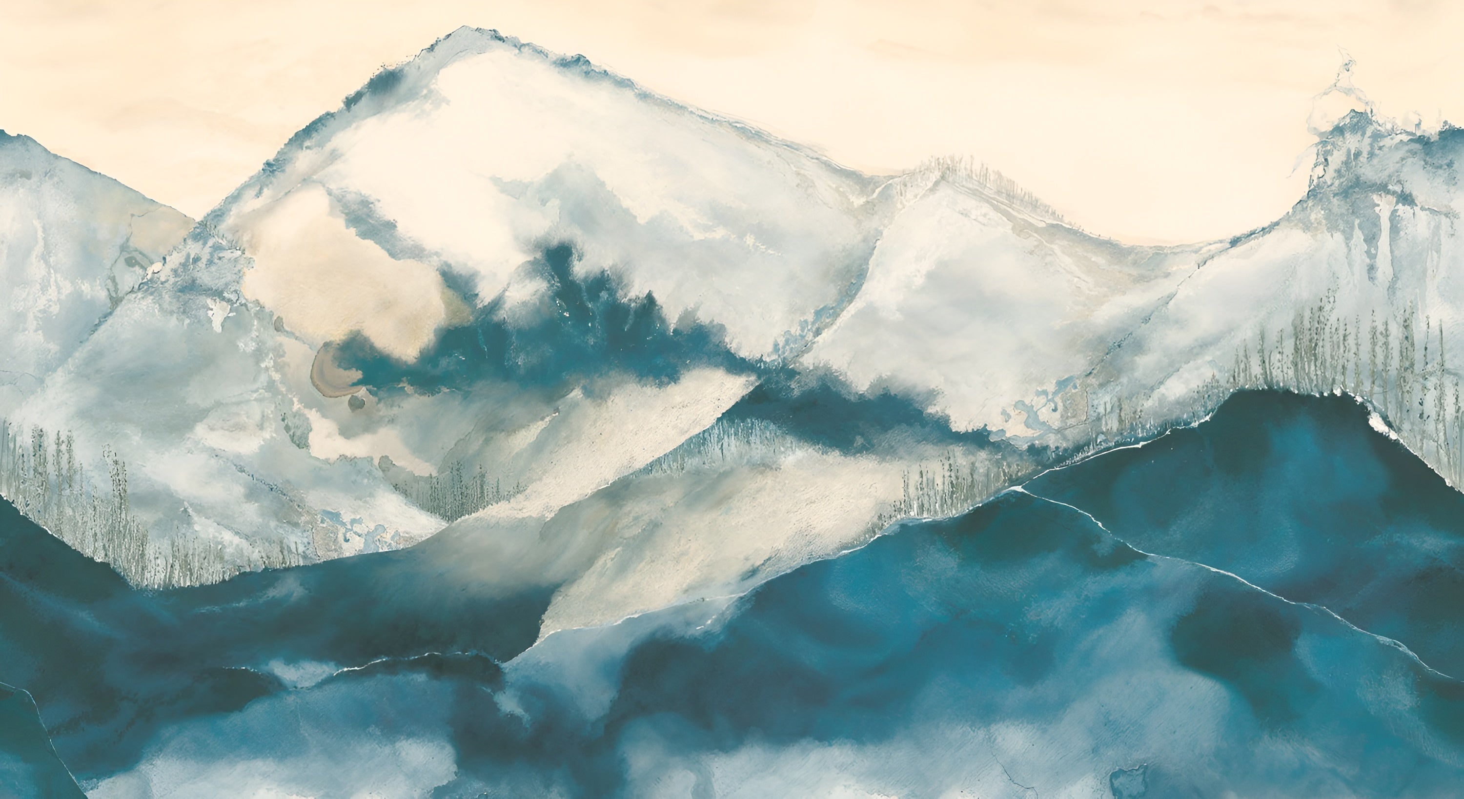 Muurschildering met bergmotief HORIZON - BLEU BEIGE DORÉ blauw met beige