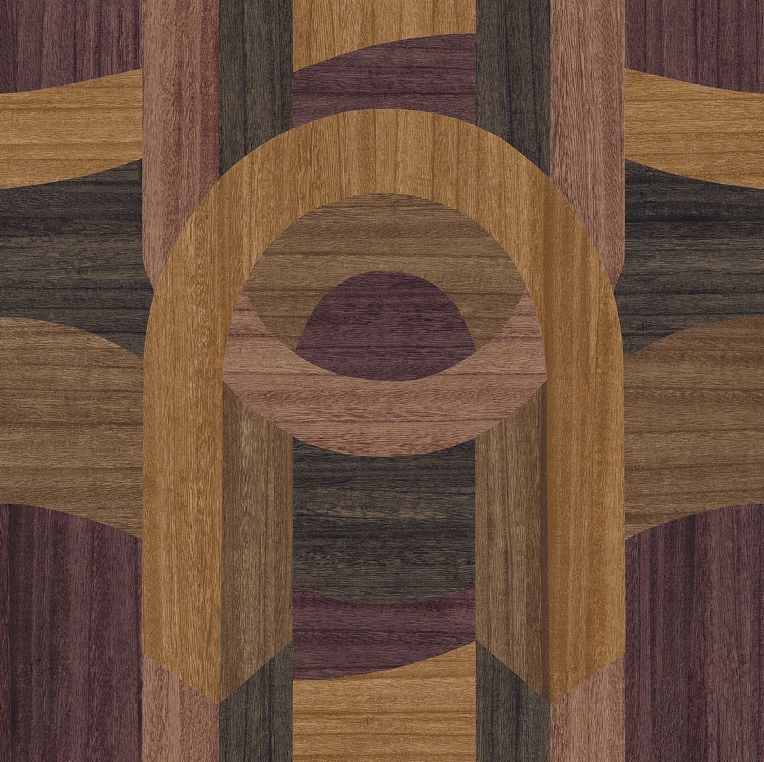 Geweven behang met geometrisch art deco patroon TRAVERSÉE - AUBERGINE EIK donkerbruin