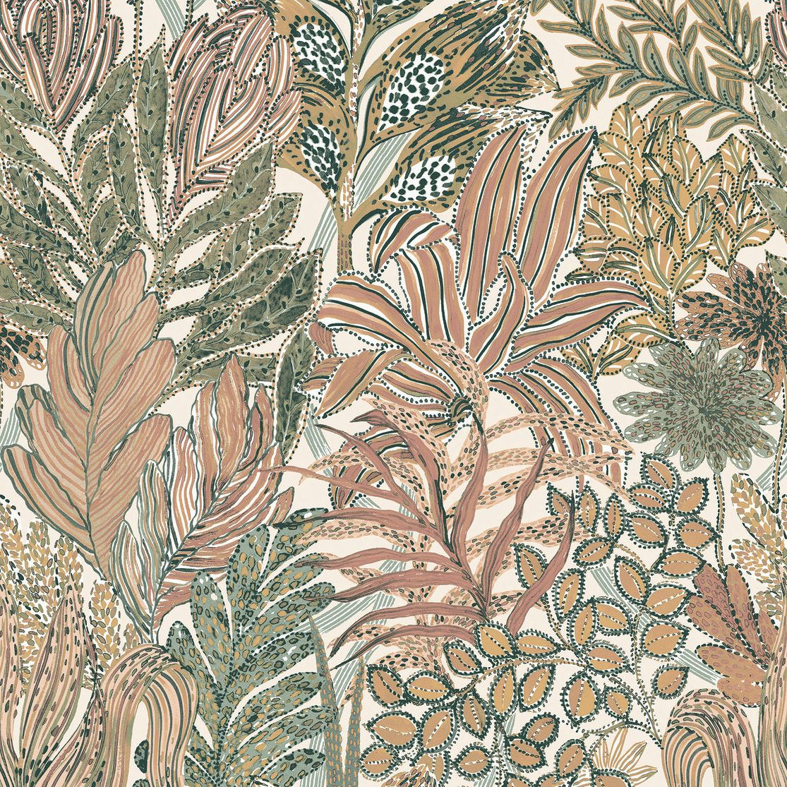 Behang met tropische bladerenmotief BORROMMEE - IVOIRE/BLUSH ivoor met roze