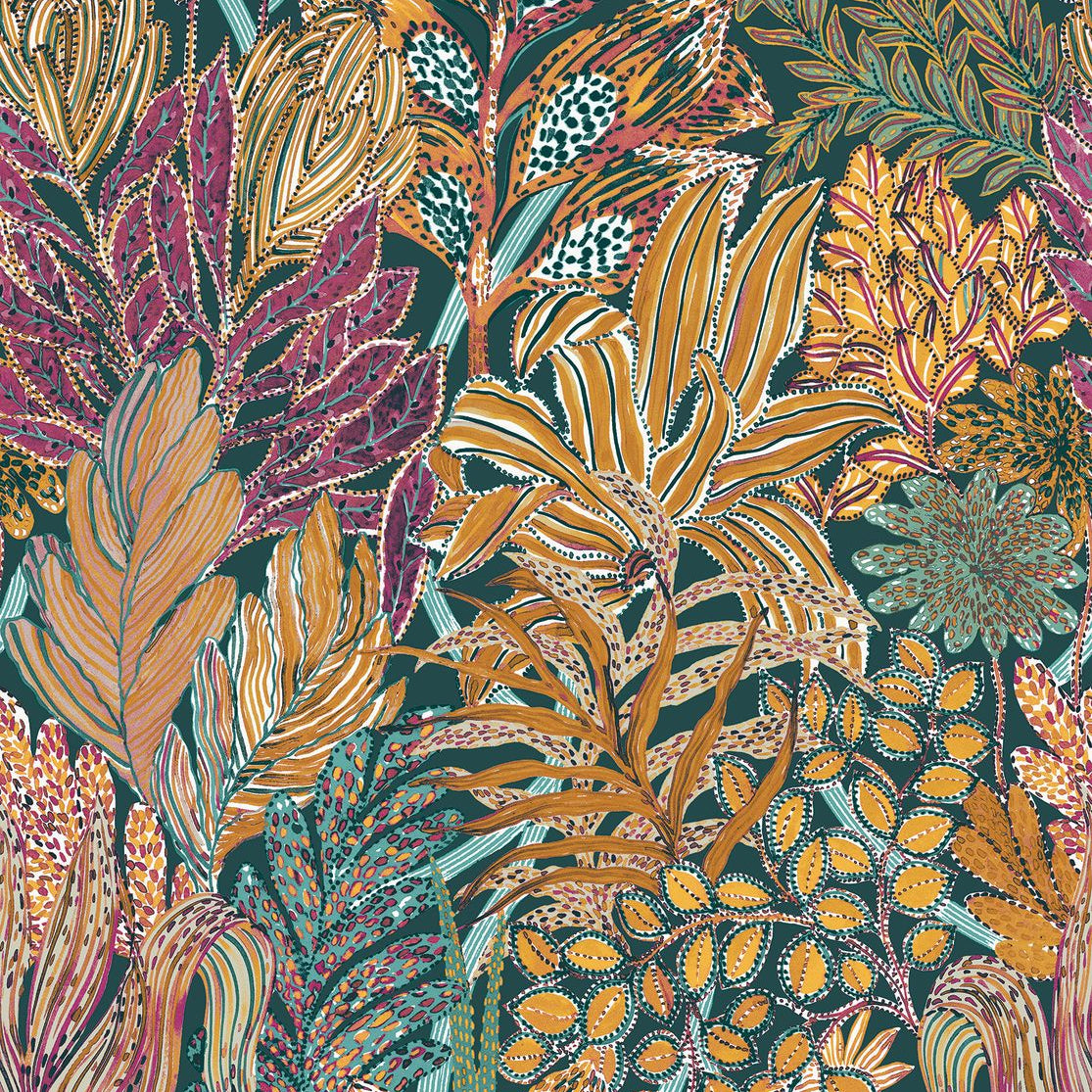 Tapete mit tropischem Pflanzenmotiv BORROMMEE - PÉTROLE/MULTICO türkis mit grün