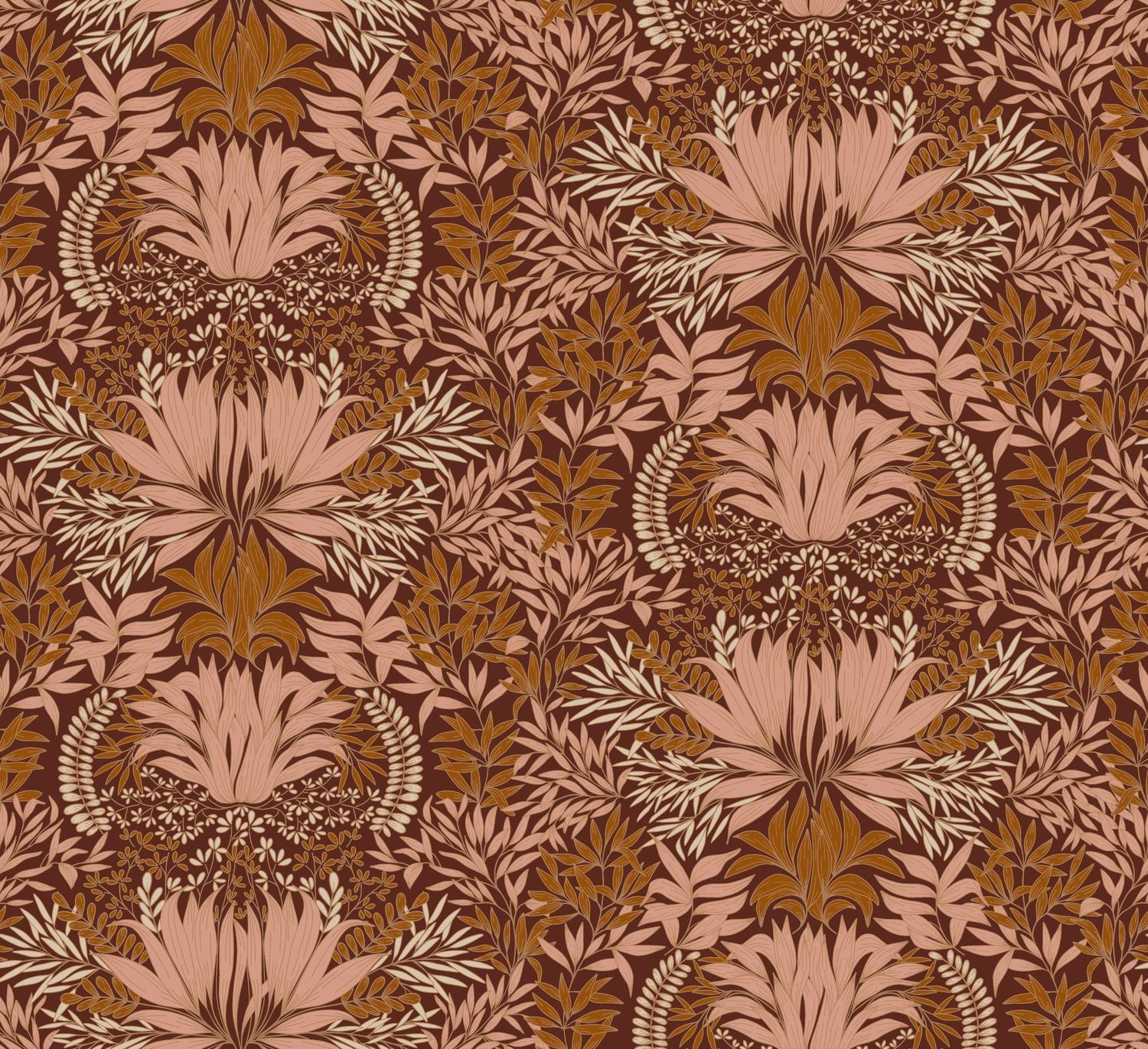 Behang met plantenmotief CHARDON - COGNAC/NUDE koniakbruin met beige
