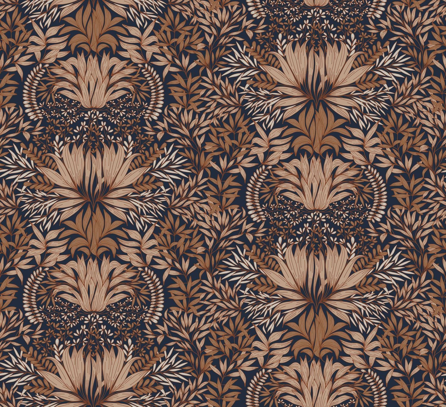 CHARDON floral pattern wallpaper - BLUE/RUST blue with pink