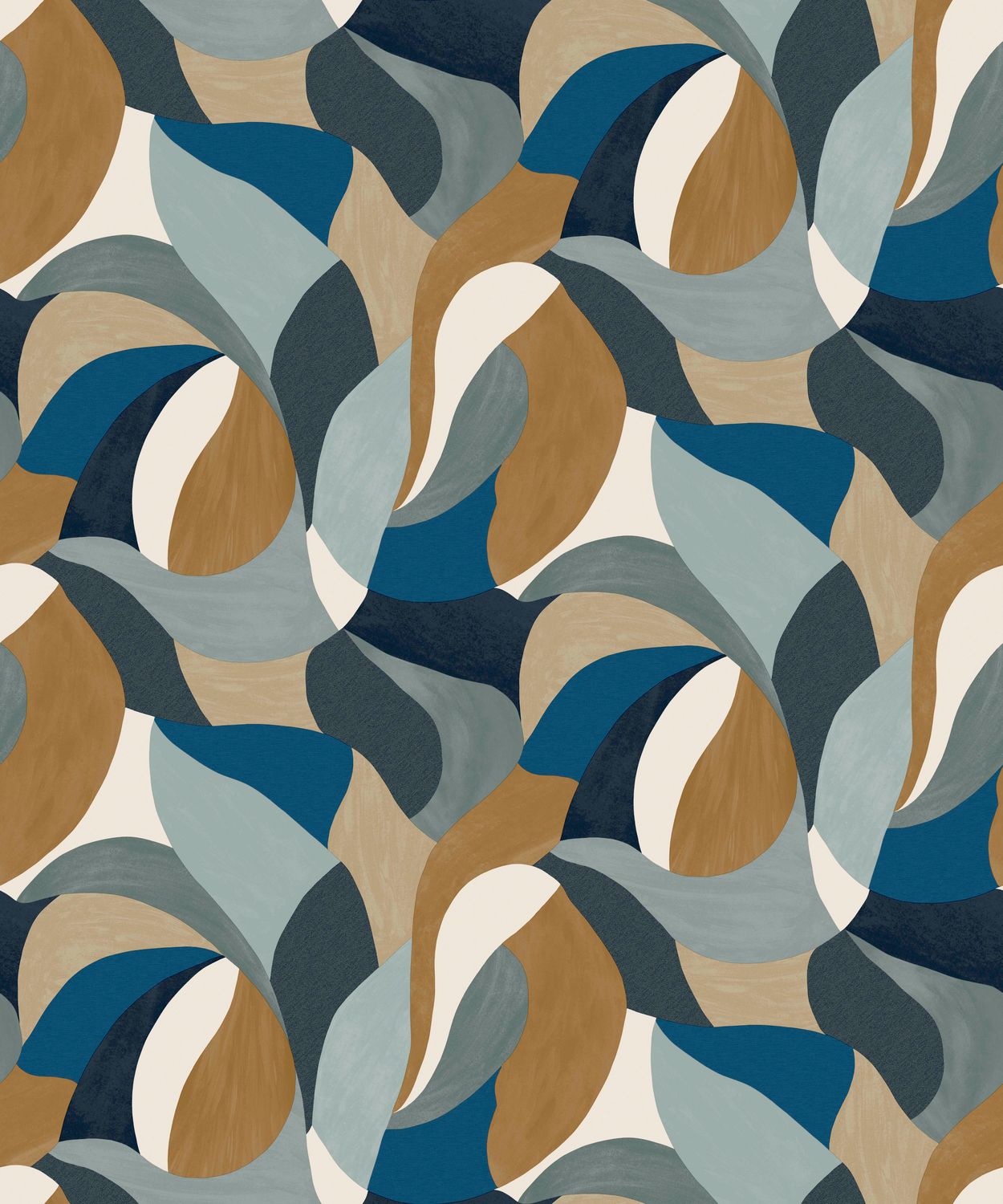 Abstract plant motif wallpaper in MANDORLA leaves - PIERRE BLEUE/CAMEL blue with brown