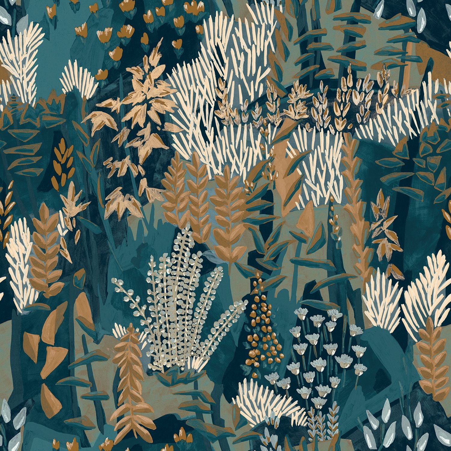 Wallpaper with a plant motif of leaves and flowers ERICA - MARINE/DARK GREEN