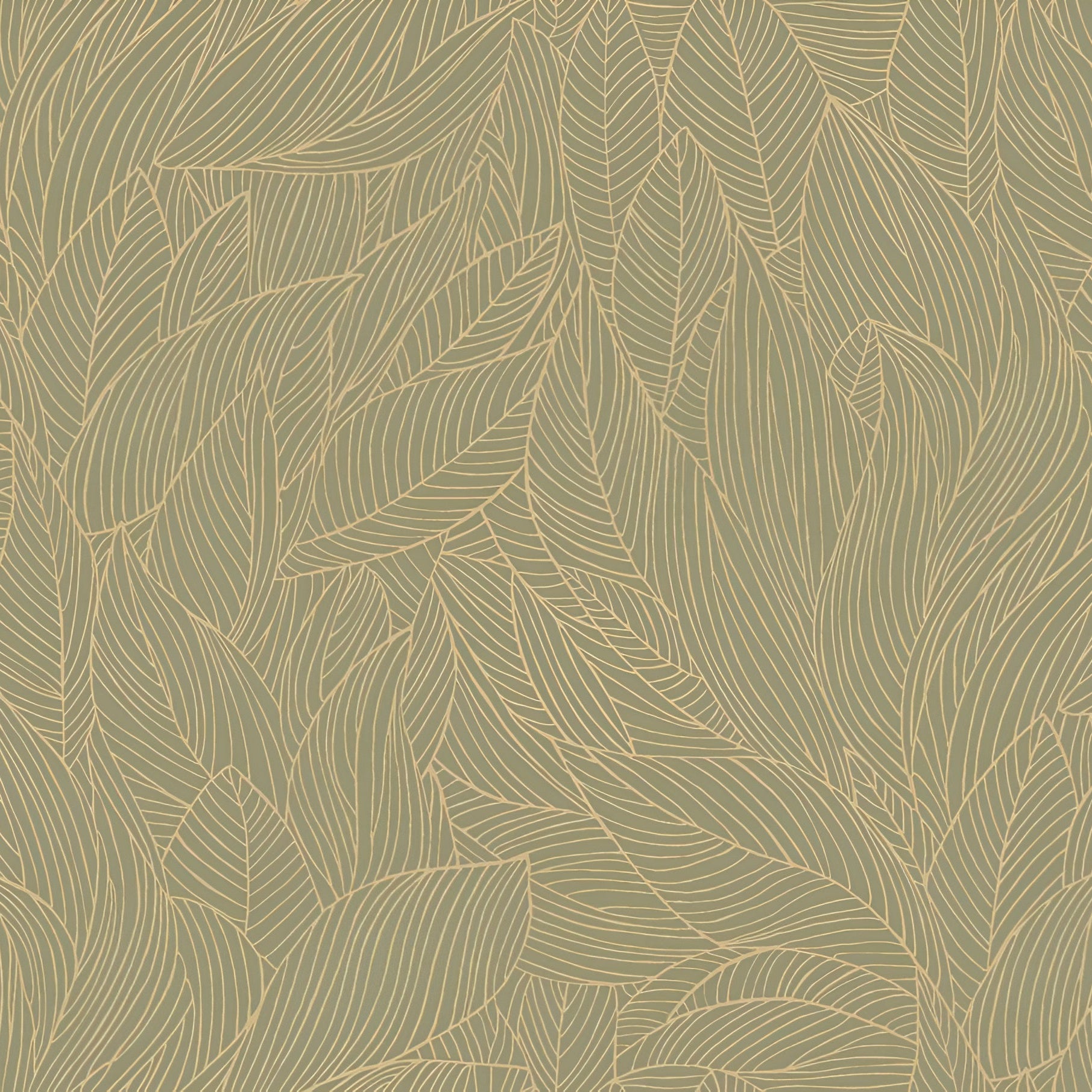 Behang met plantmotief van bladeren met metallic effect HOSTA - SALIE/GOUDE saliegroen met goud