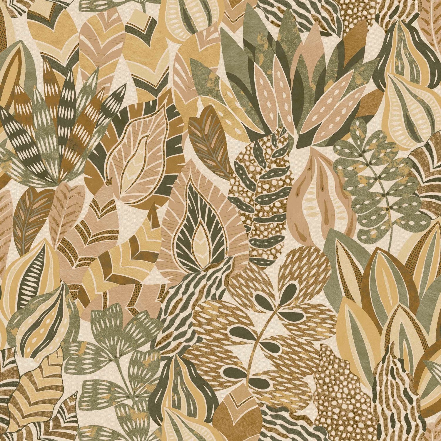 Behang met plantmotief bladeren ALFABIA - KAKI/VANILLE khaki met vanille