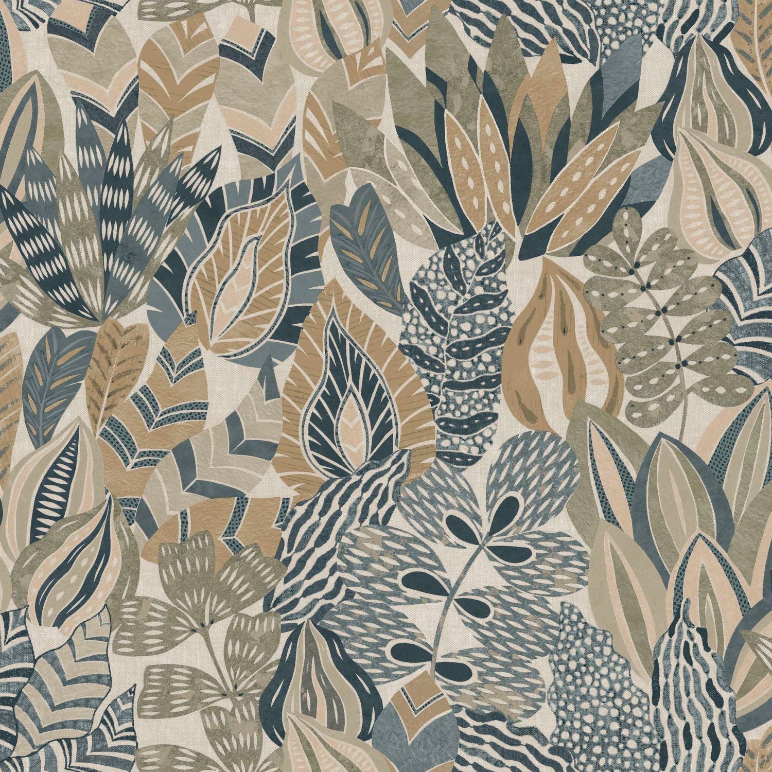 Behang met plantmotief bladeren ALFABIA - PIERRE BLEUE/TRAVERTIN grijsblauw met brons
