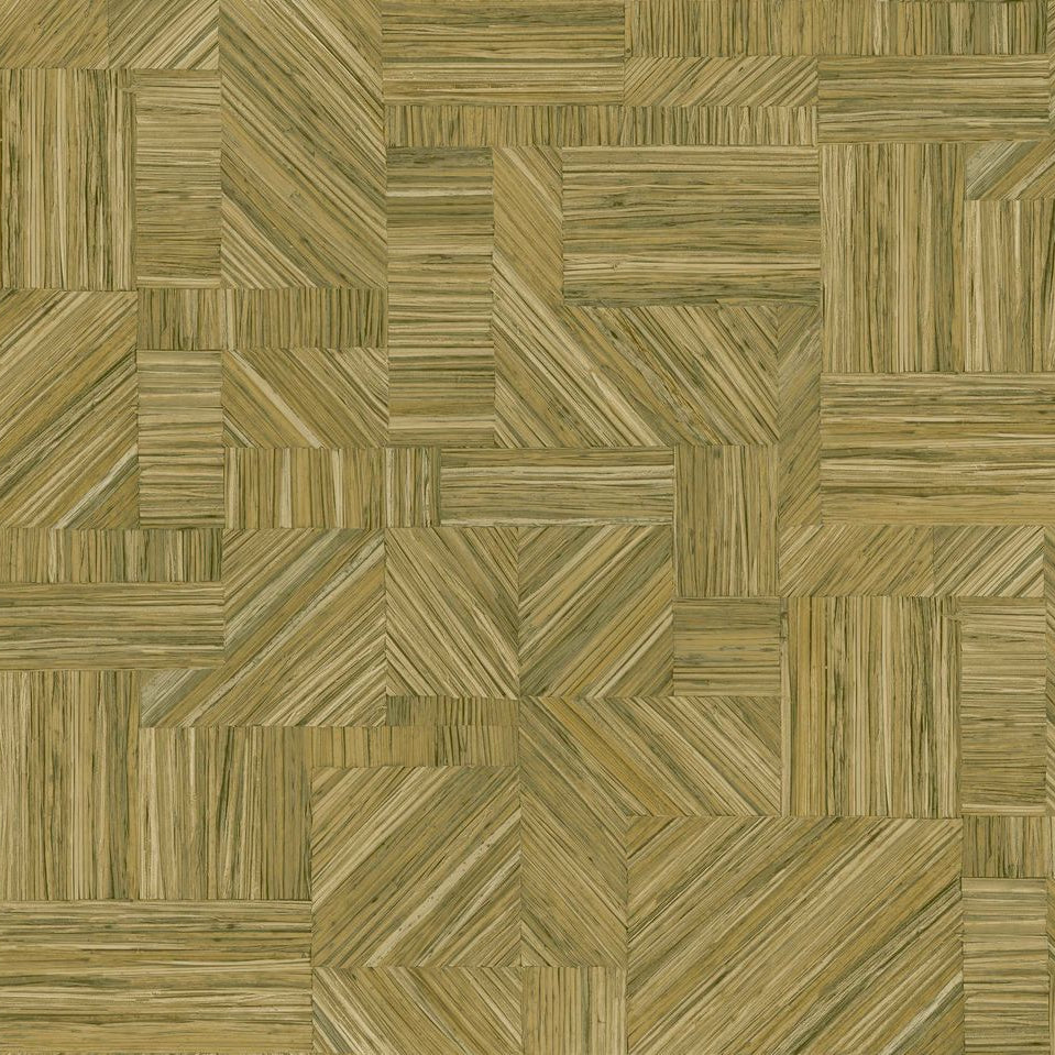 Geometrische Struktur-Tapete, die einen strohähnlichen Patchwork-Look imitiert - IMBRICATION - CACTUS olivgrün