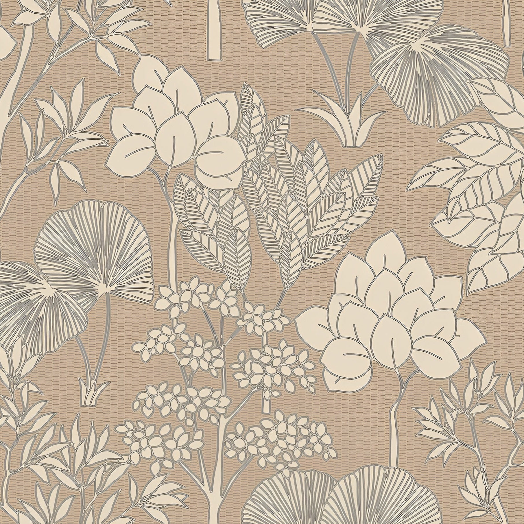 Structural wallpaper with a floral pattern of leaves and flowers INARA - BEIGE/DORÉ dark beige