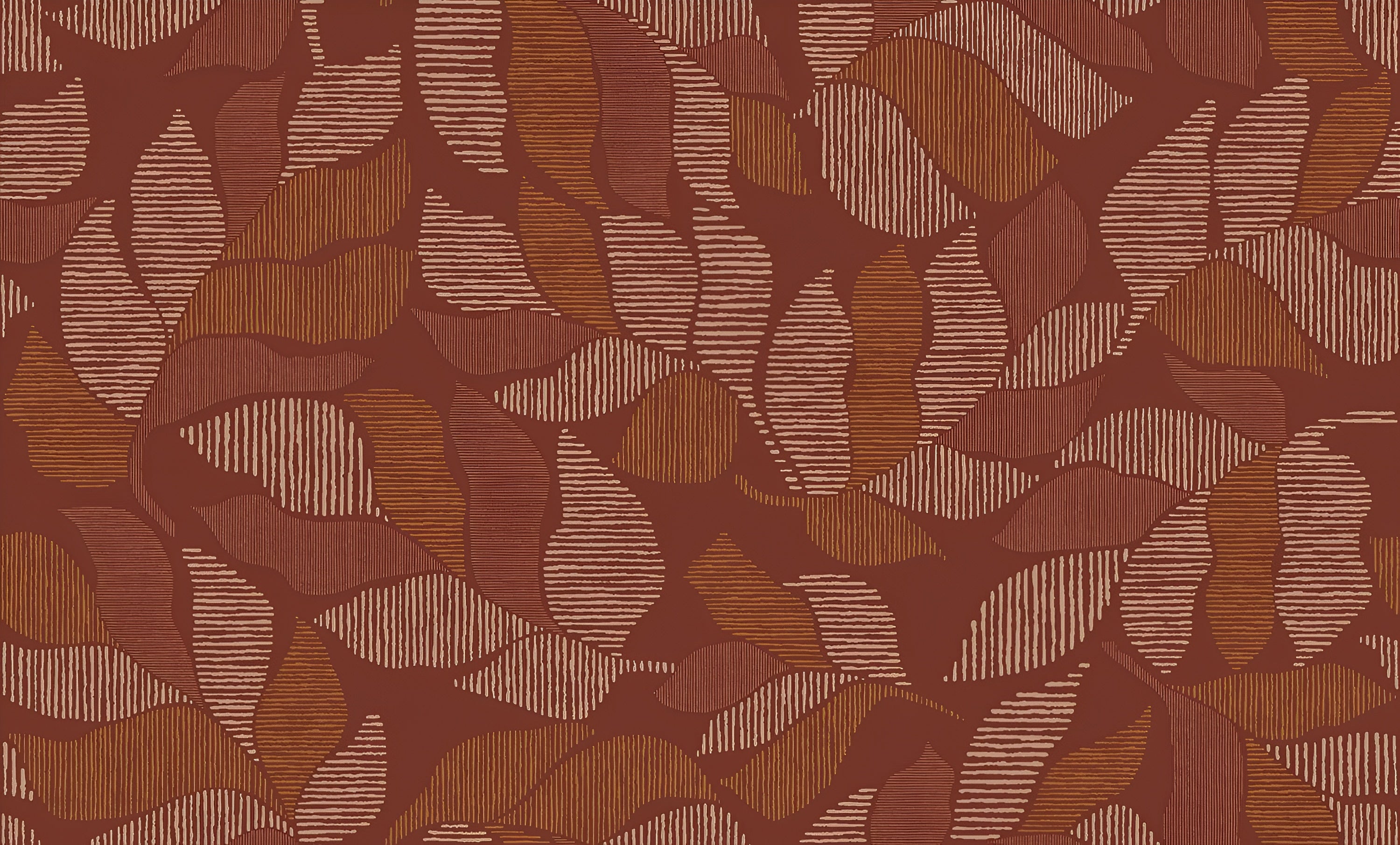 Behang met een plantmotief van palmbladeren met een metallic effect LONTARA - TERRACOTTA/CUIVRÉ bordeaux met koperkleur
