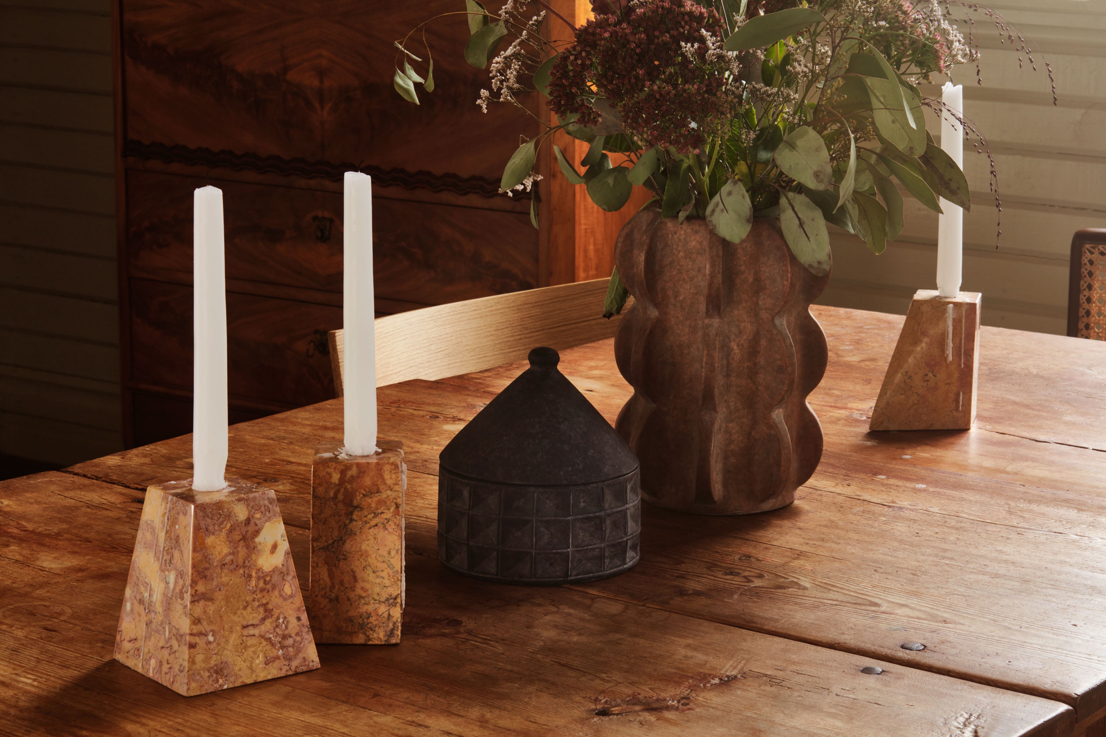 PYRAMID Candle Holder Set Orange Marble