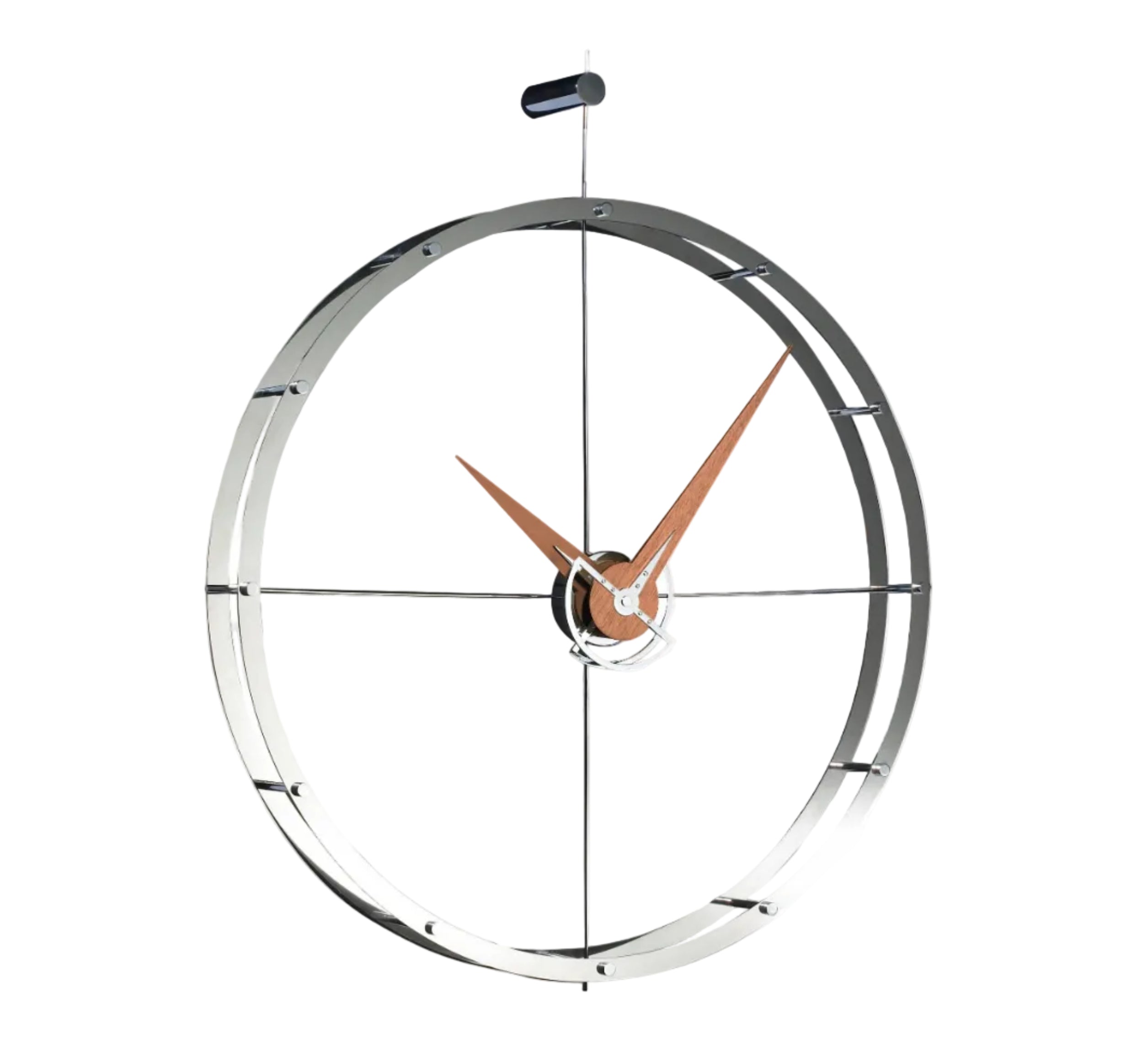 Wandklok DOUBLE O chroom met notenhout