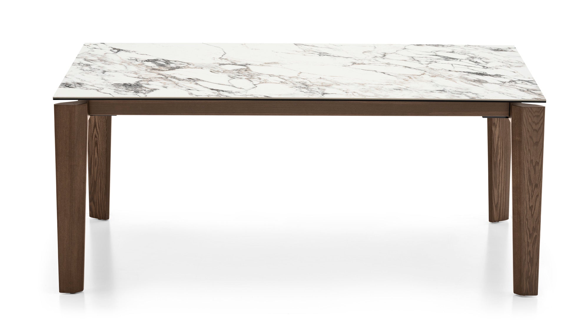 Uitschuifbare tafel DOGMA met een wit blad en een donkere houten basis