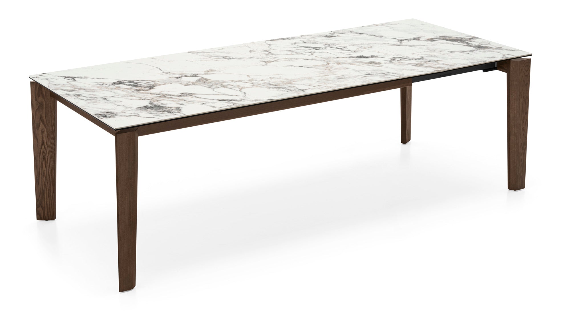 Uitschuifbare tafel DOGMA met een wit blad en een donkere houten basis