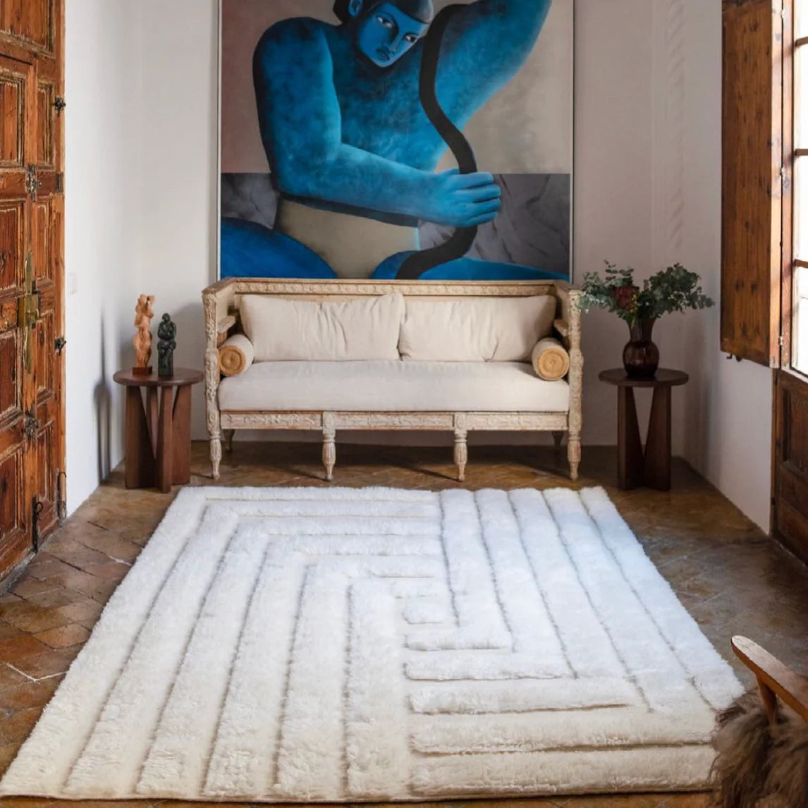 Witte SHAGGY LABYRINTH vloerkleed met lange haren