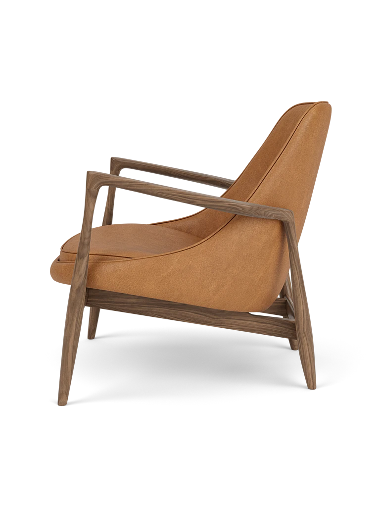 Fauteuil ELIZABETH cognackleurige leer met notenhouten basis