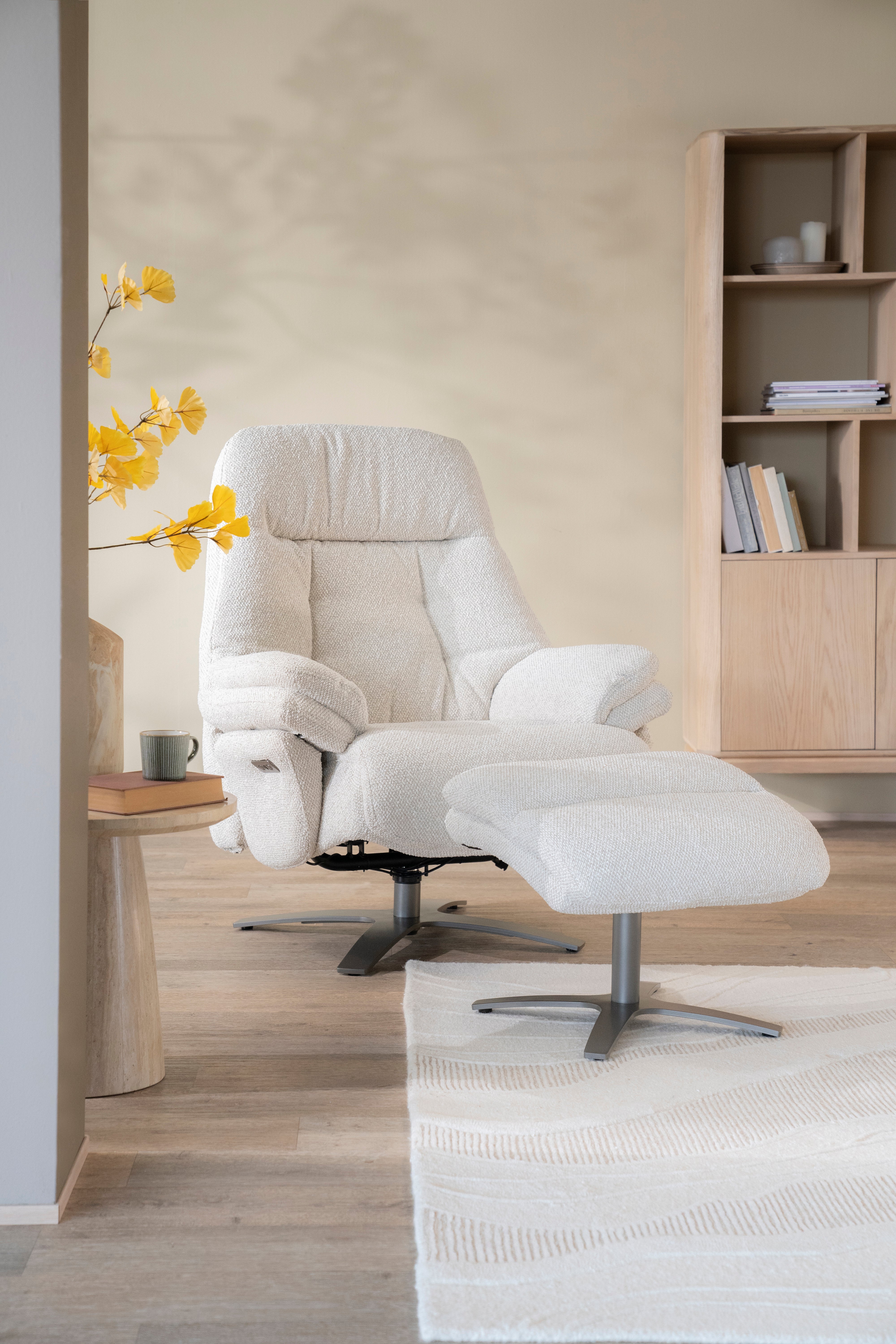CALEB Dark Beige Armchair with Black Base and Footrest