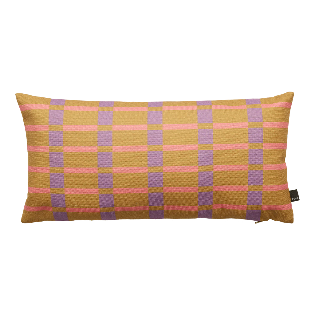 Rectangular Cushion STRIPES AND CHECKS Olive Brown with Purple