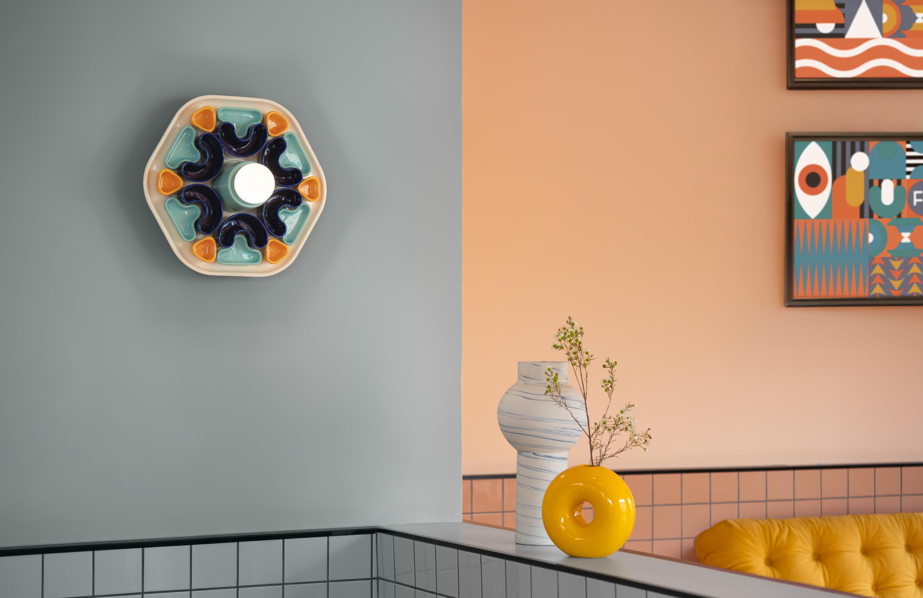 Ceramic wall lamp PHYTIA cream with blue and yellow