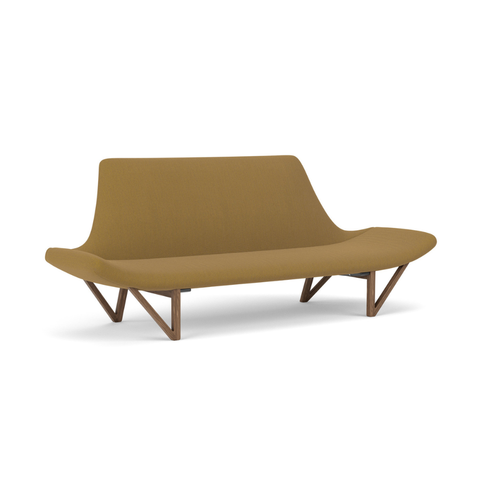 Sofa PAGODE mosterdgeel met notenhouten basis
