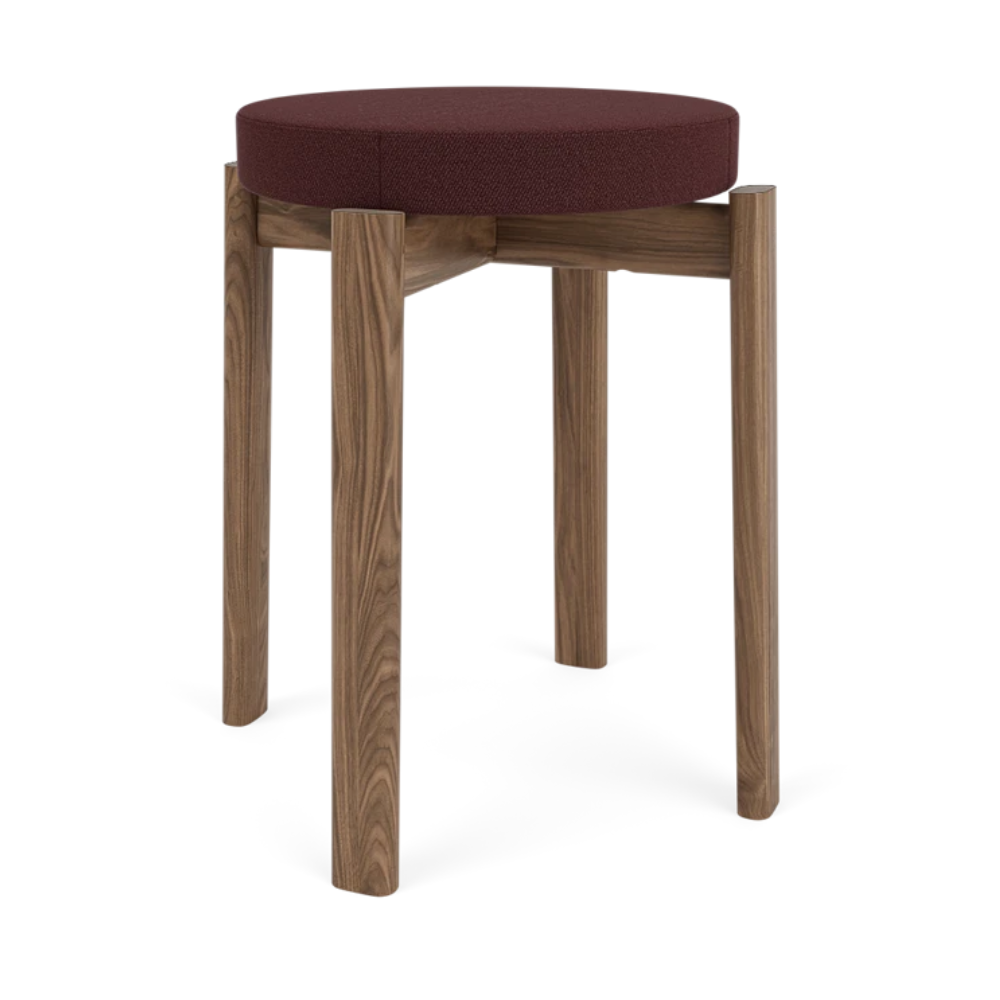 PASSAGE stool in burgundy with walnut base