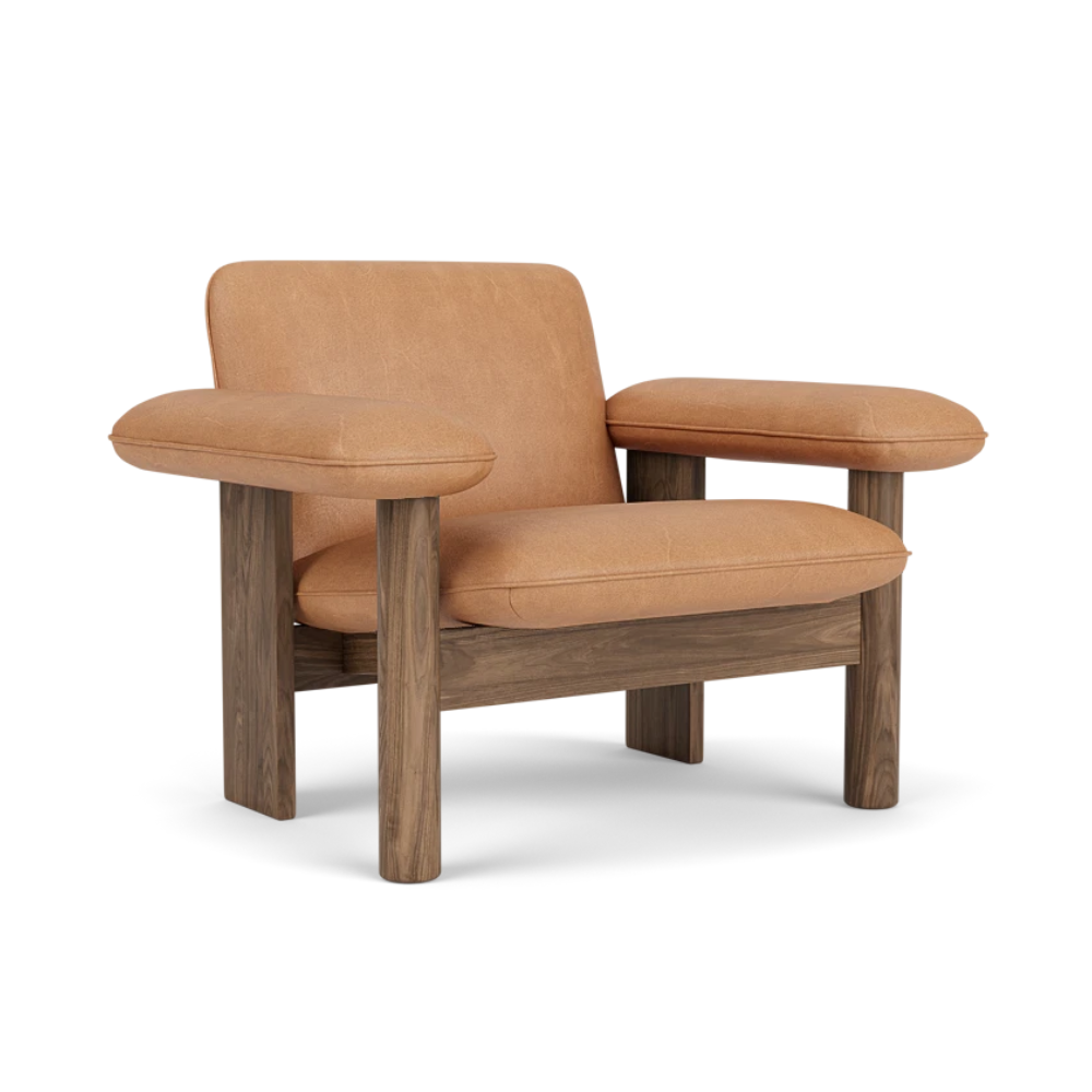 Fauteuil BRASILIA cognac leer met notenhouten basis